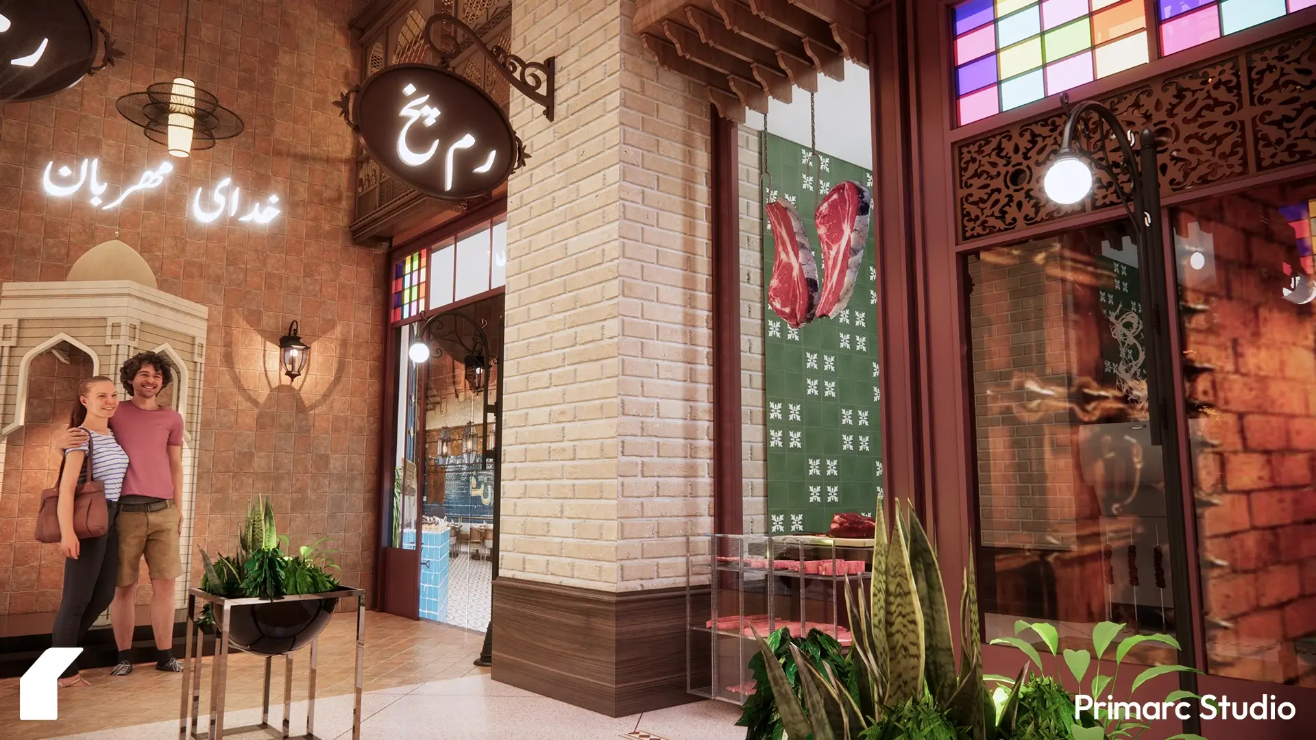 Heritage-inspired brick facade of Qissa Khwani Bazaar at Mall of Khyber, featuring hanging meat display, Urdu signage, and arched detailing in a warm cultural setting by Primarc Studio.