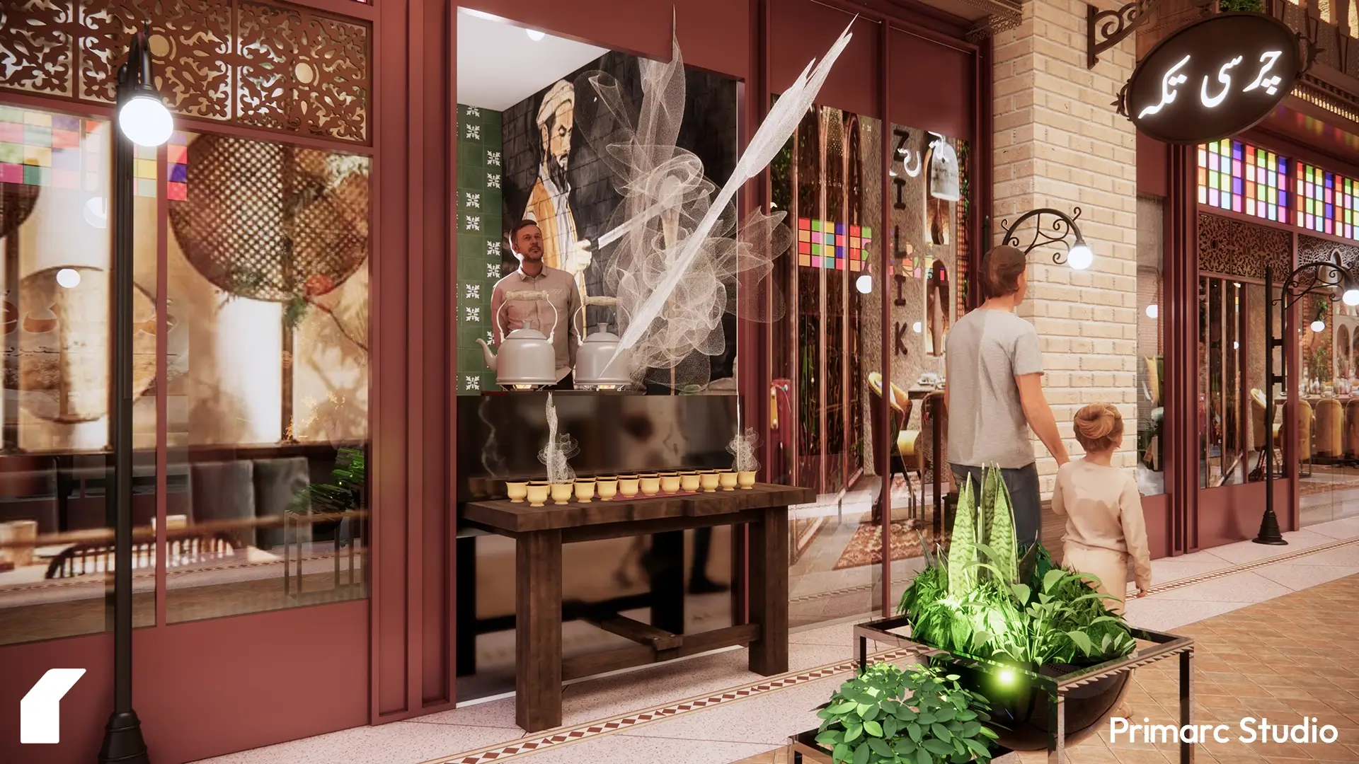 Traditional tea stall setup within Qissa Khwani Bazaar at Mall of Khyber, featuring brick arches, stained glass windows, and warm ambient lighting inspired by Peshawar’s old city markets.