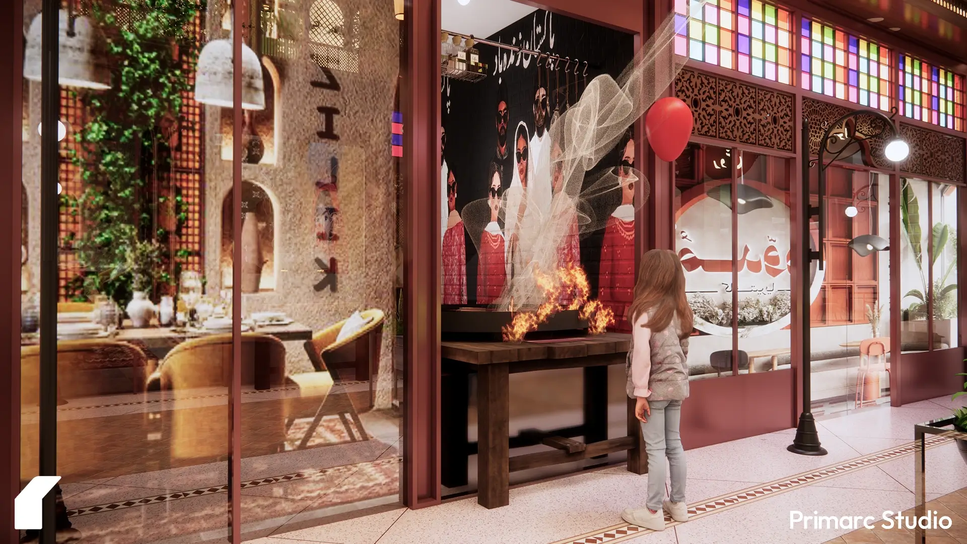 Interior of Qissa Khwani Bazaar featuring a vibrant mural of local figures, a small grill setup, and a child holding a balloon in a lively cultural shopping atmosphere.