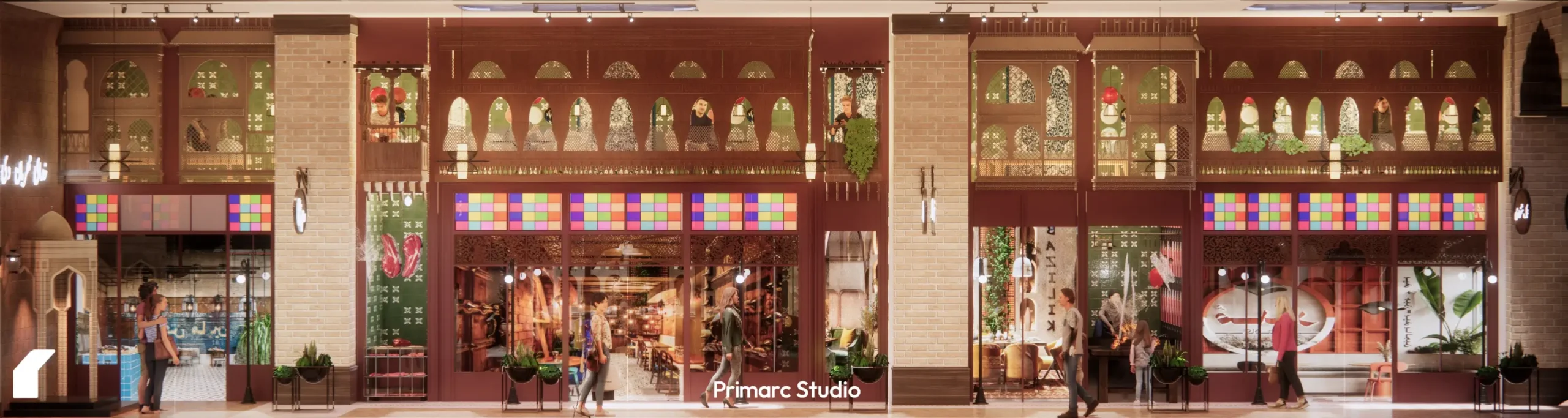 Wide elevation view of Qissa Khwani Bazaar interiors at Mall of Khyber, featuring traditional jharoka balconies, patterned stained glass panels, and cultural retail shopfronts designed by Primarc Studio.