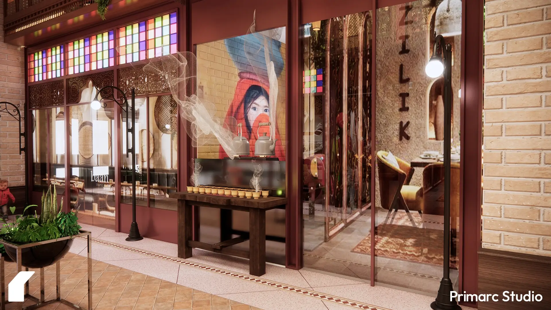 Tea stall setup at Qissa Khwani Bazaar in Mall of Khyber with steaming clay cups, heritage mural of a local woman, and stained glass windows inspired by traditional Peshawar architecture.