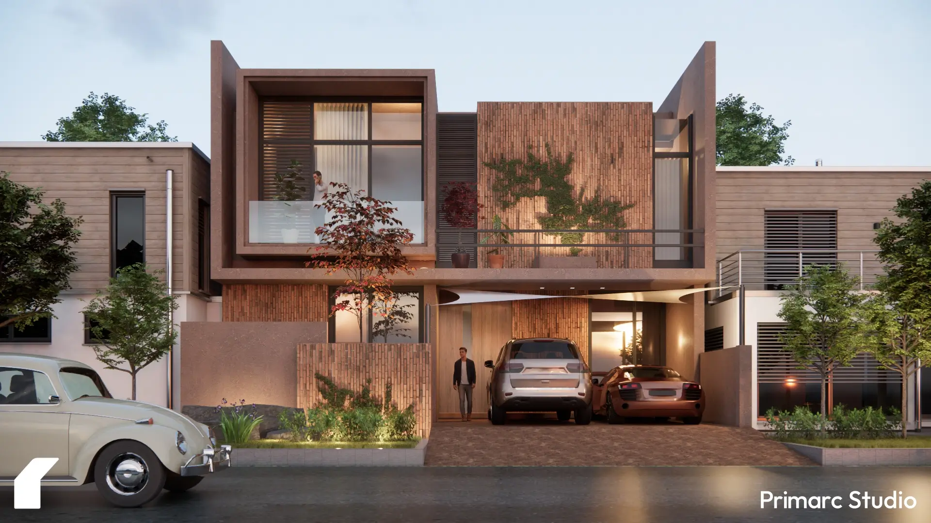 Contemporary residential architecture featuring vertical brick walls, modern glazing, and subtle greenery integrated into the façade.