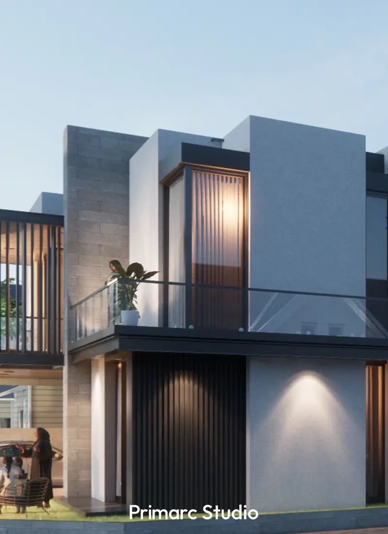 A refined play of vertical fins and glass defines the upper façade of this modern residence, balancing privacy and openness with a timeless architectural language.