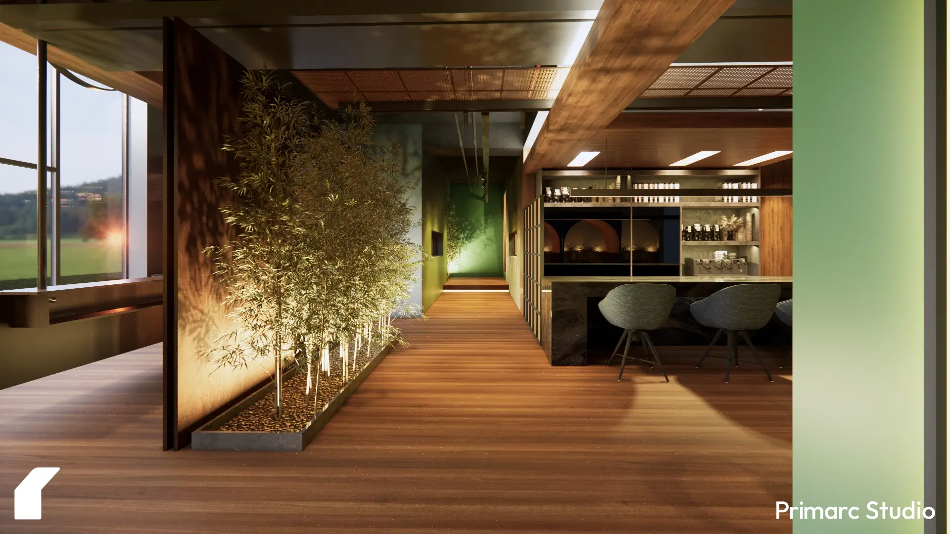 The bar and lounge at BDK Restaurant designed by Primarc Studio combines sleek finishes, warm lighting, and modern seating, setting the tone for a refined dining experience.