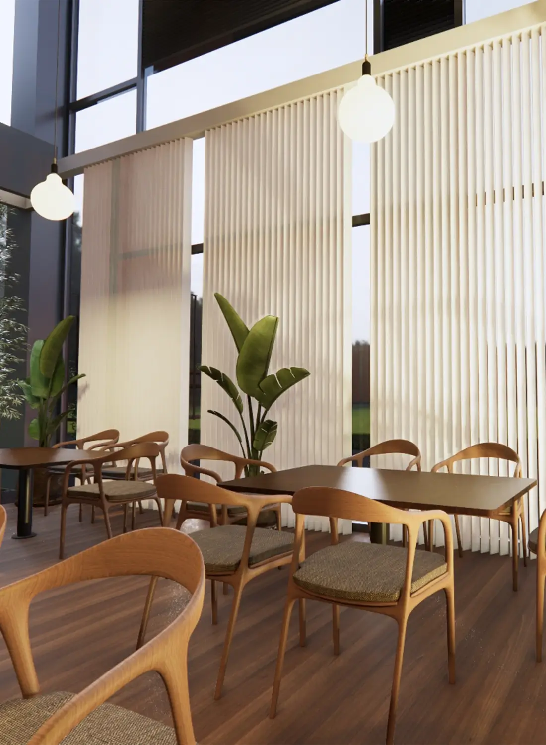 A cozy front sitting area at BDK Restaurant designed by Primarc Studio, blending natural light, earthy materials, and contemporary seating to create a welcoming dining atmosphere.