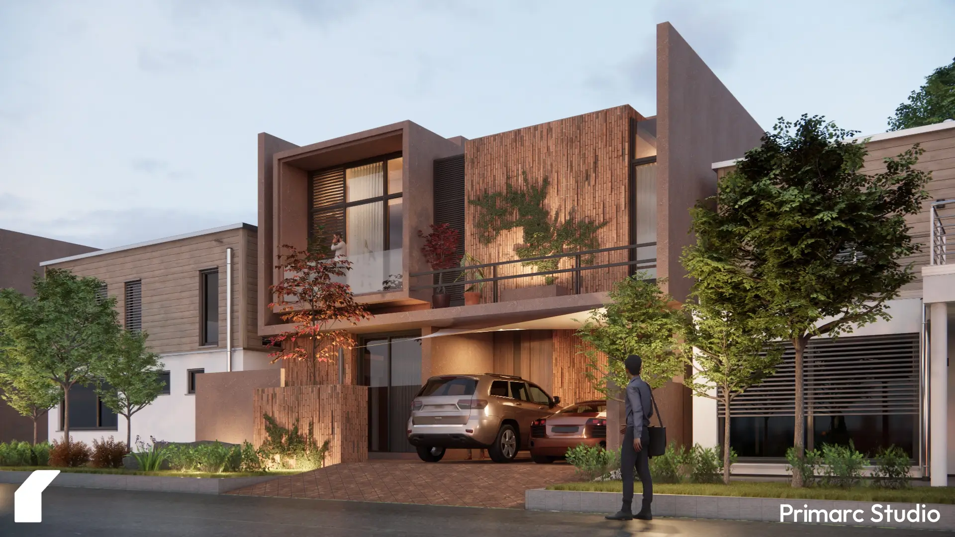 Street-level view of the 10 Marla house in B-17 Islamabad, showcasing earthy tones, brick detailing, and layered façade design.