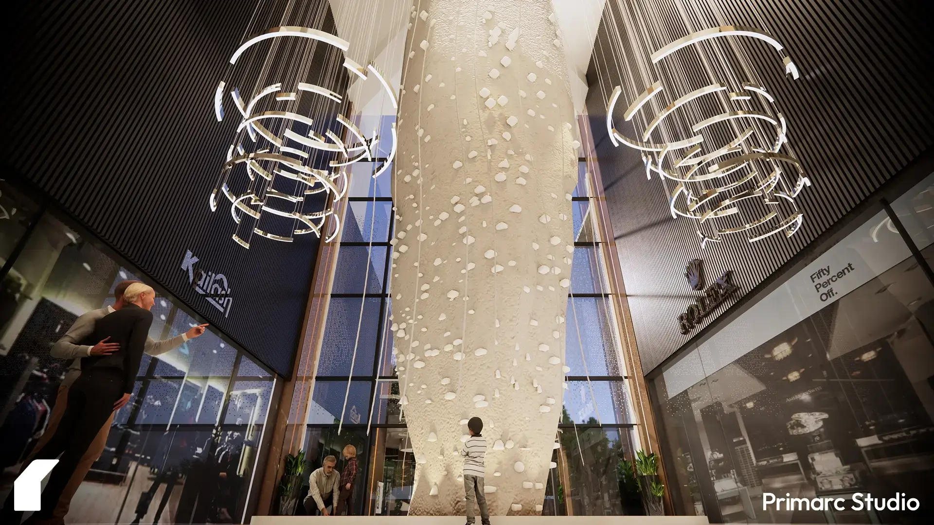 Vertical column detail revealing the integration of structure and art within the spatial composition.