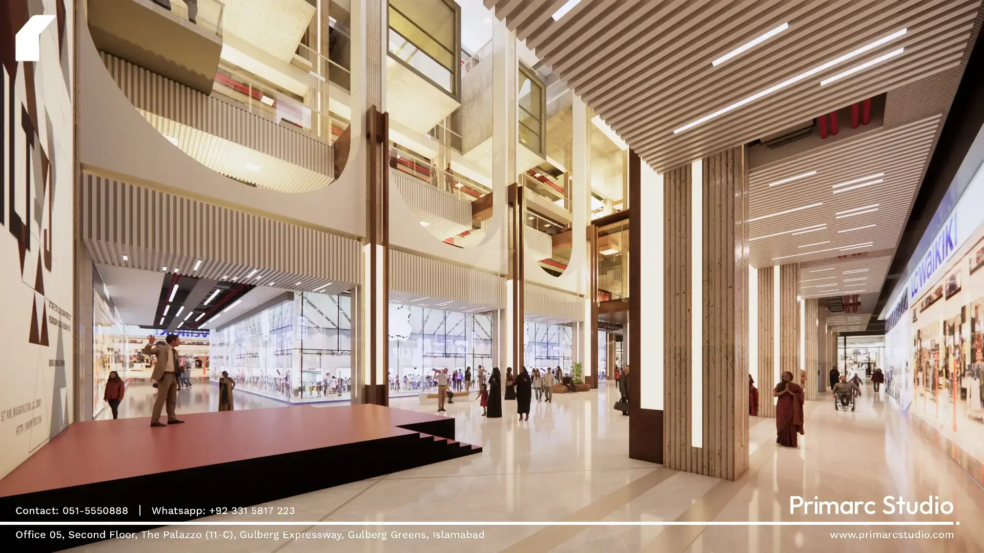 Corridor perspective revealing the interplay between open circulation, warm materials, and filtered daylight.