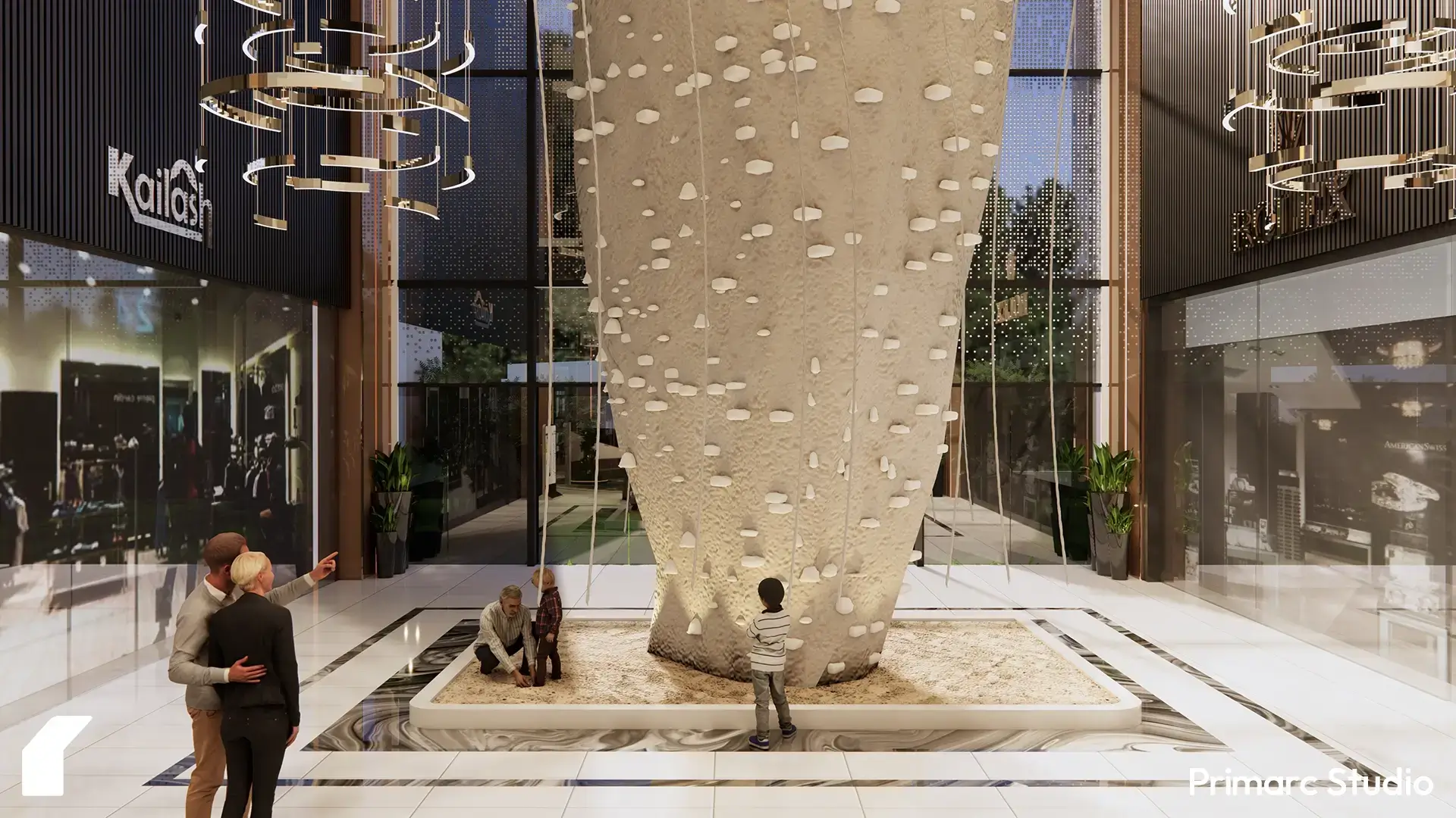 Sculptural core of Mall of Khyber, conceived as a vertical landmark within the atrium’s volume.