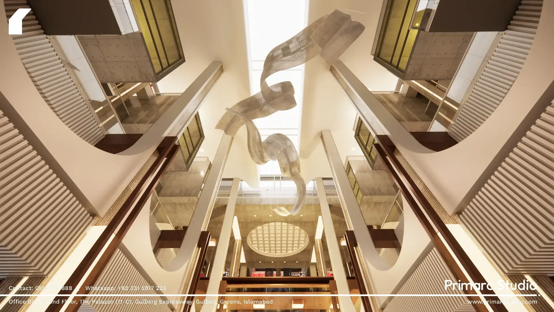 A sculptural skylight installation crowns the atrium, introducing movement and softness against the mall’s strong geometric structure.