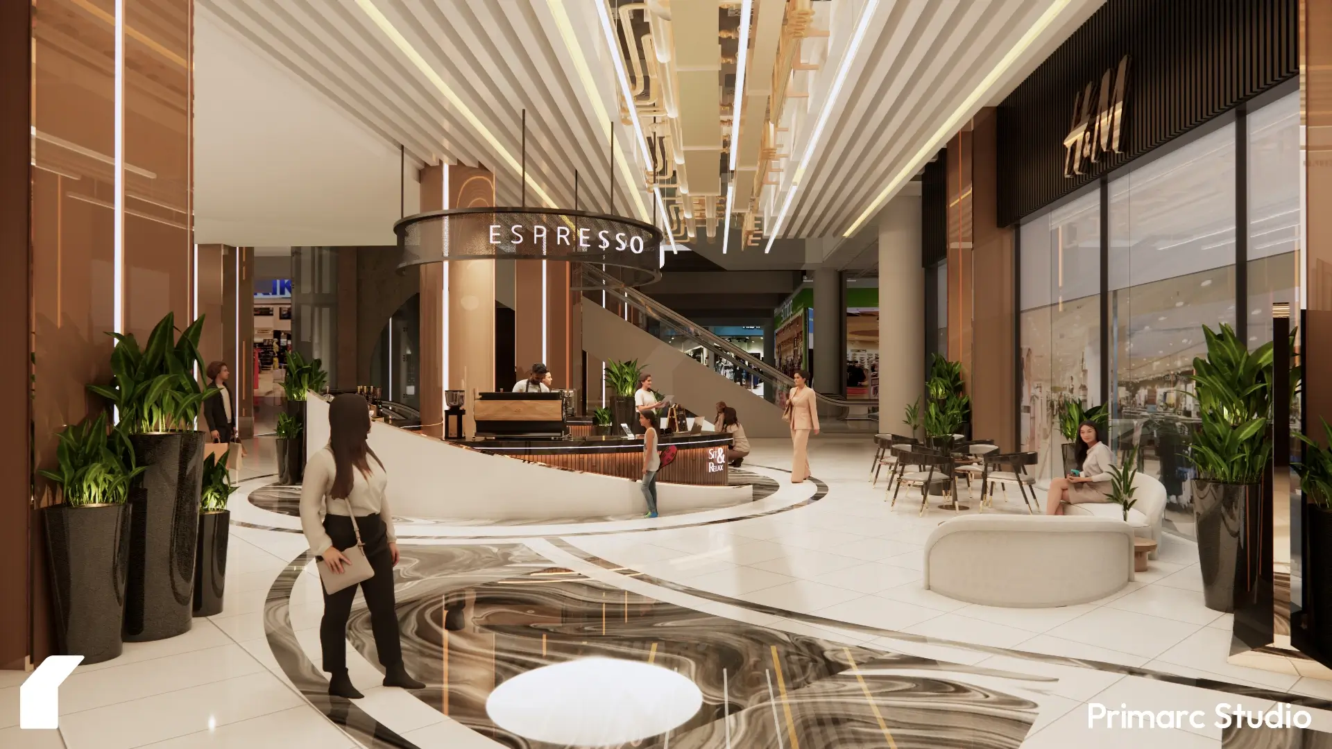 The espresso bar anchors the corridor’s midpoint, creating a social pause along the retail movement spine.