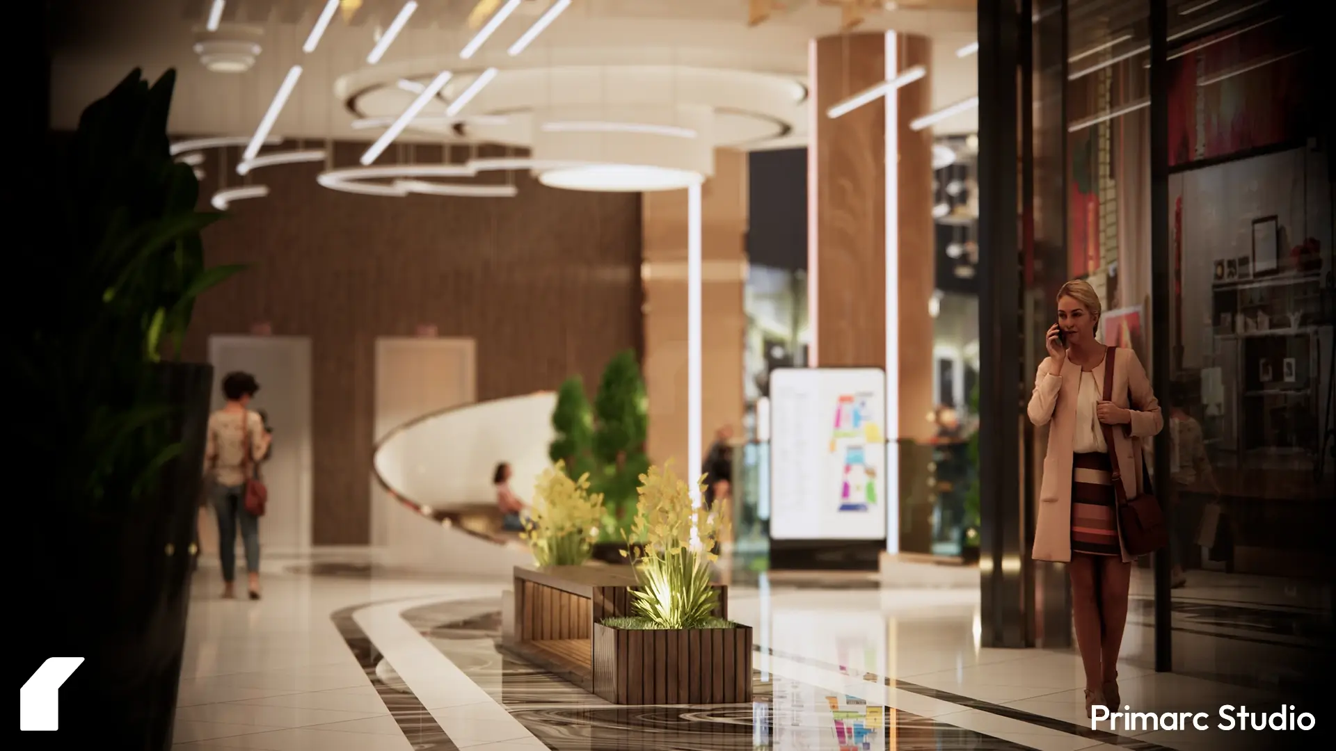 Evening corridor view capturing warm ambient lighting and visual continuity leading toward the food court.