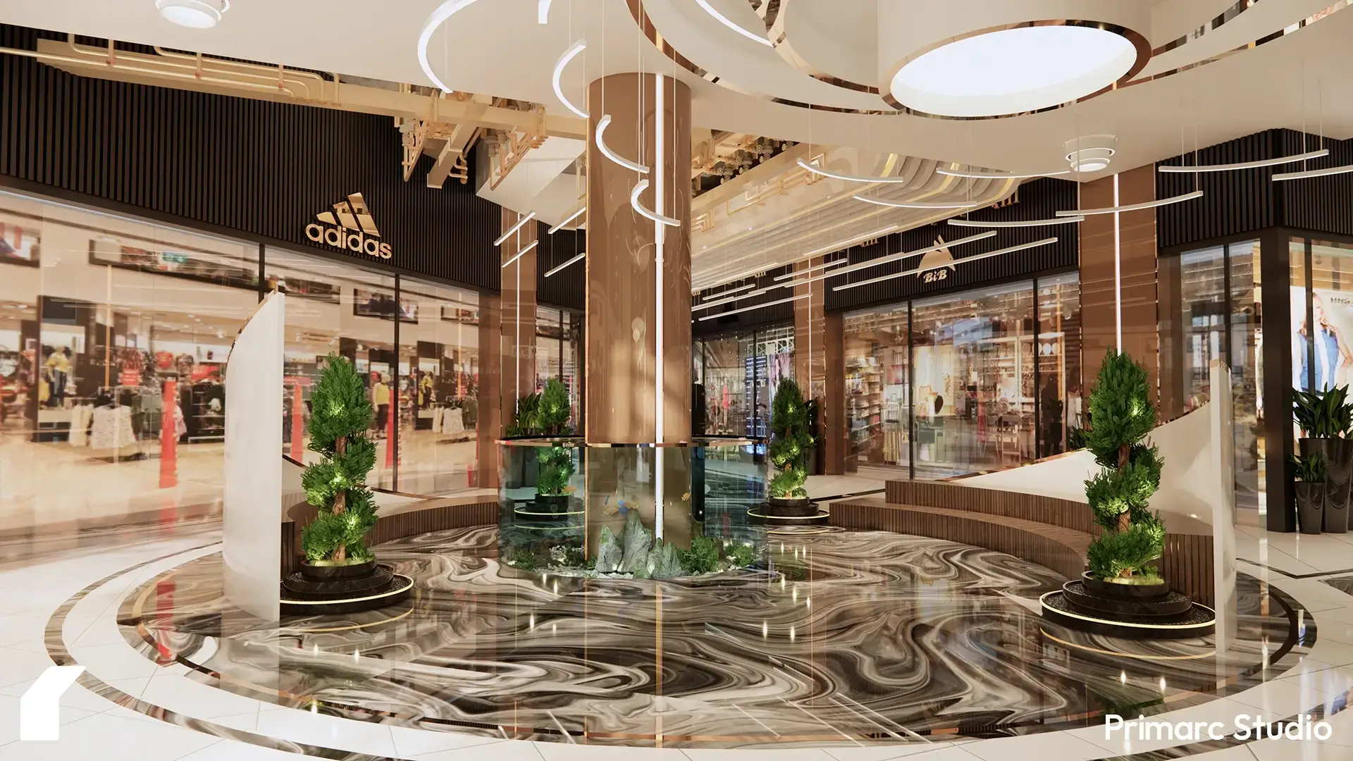 Lounge zone along the corridor edges, balancing movement with human-scaled resting points.