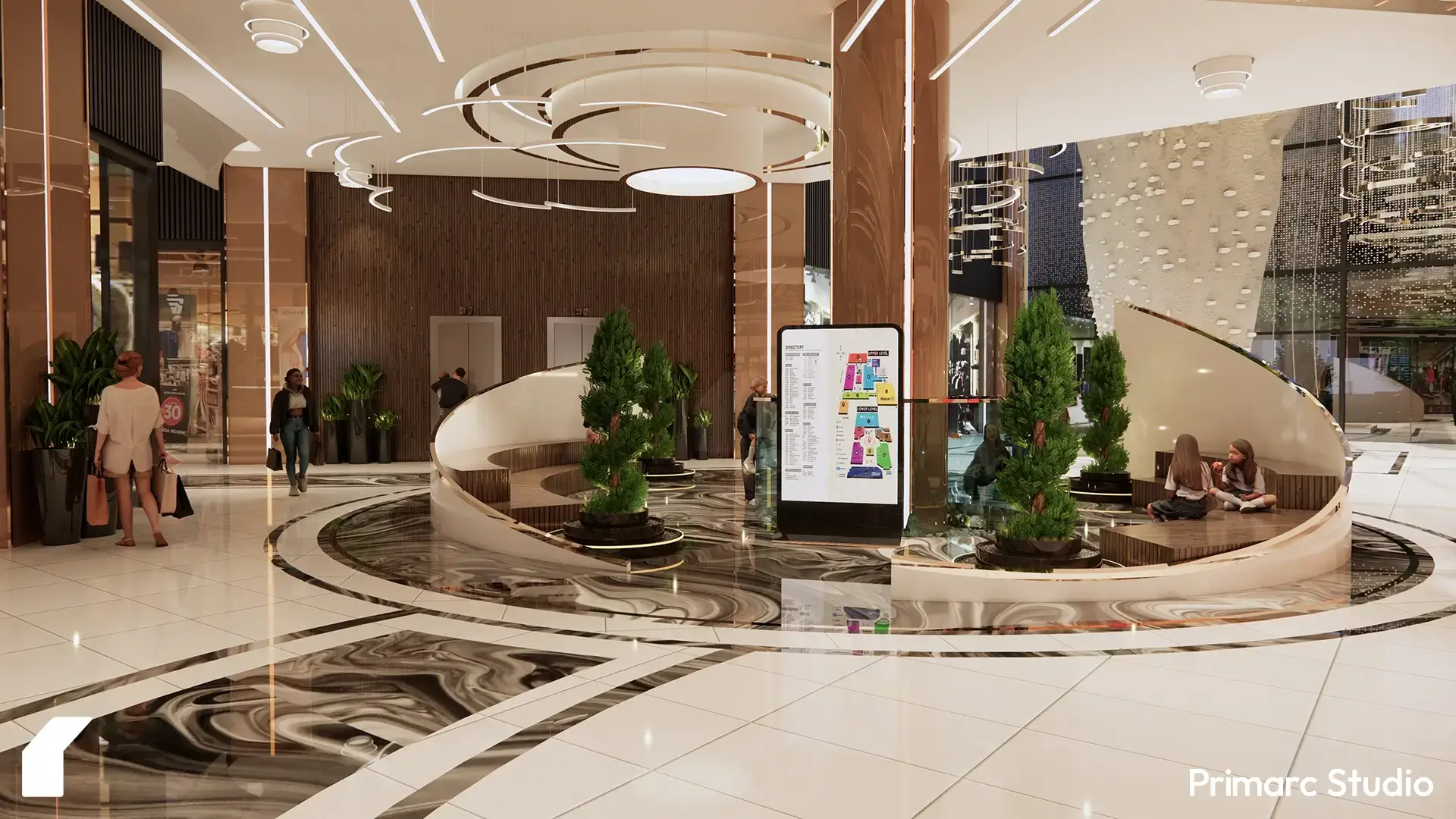 Pavilion-like feature anchoring the intersection between retail corridors and the atrium core.