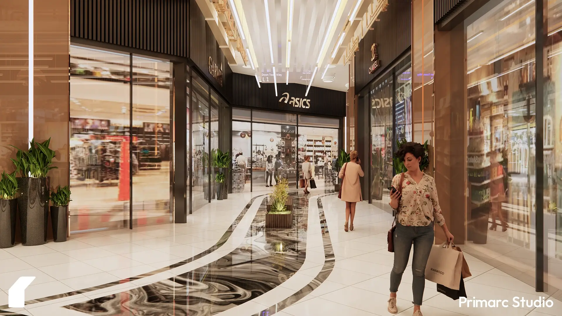 Retail corridor view emphasizing ceiling lighting rhythm and continuity between premium storefronts.