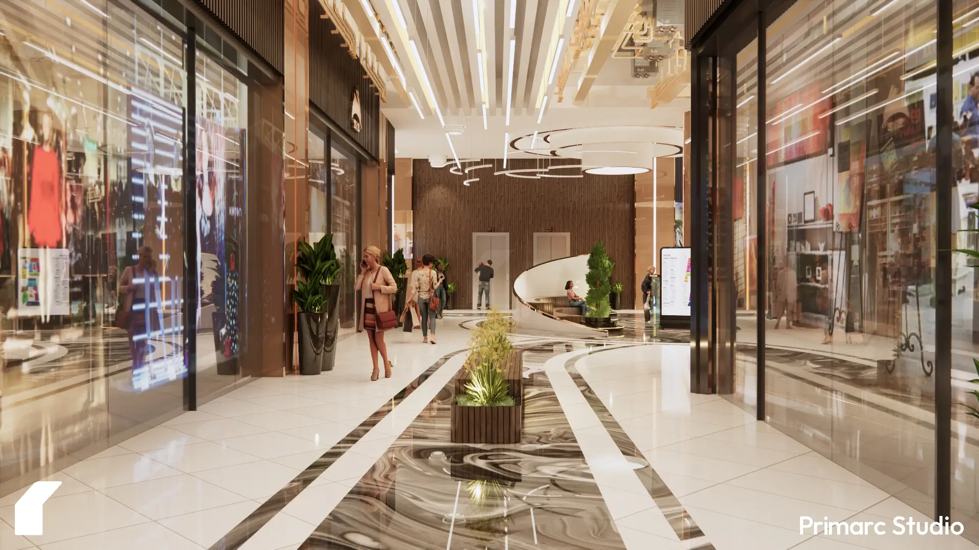 Corridor view connecting to the main atrium, emphasizing layered lighting and circulation fluidity.