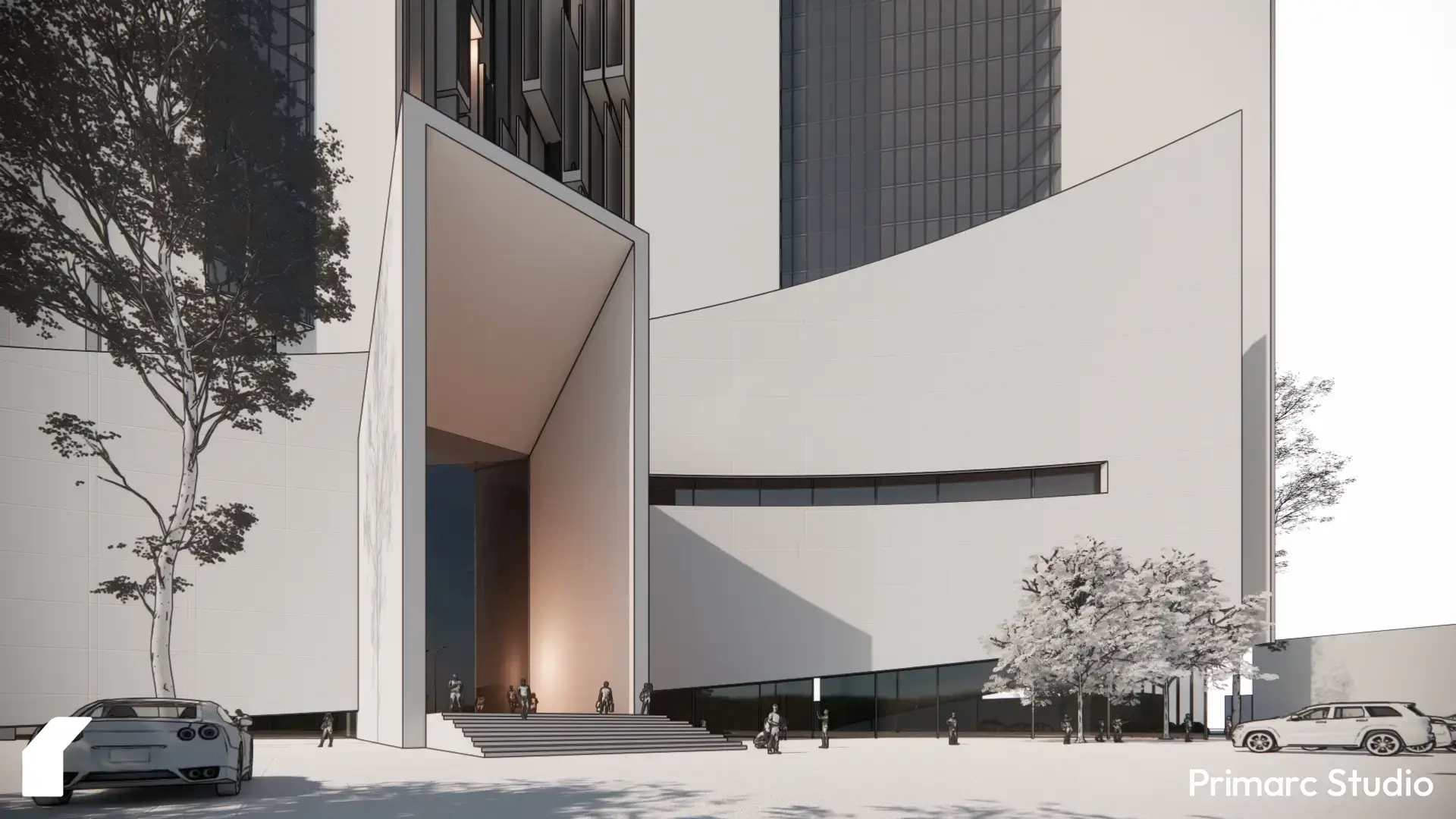 The entrance court serves as a civic forecourt, guiding visitors toward the interior atrium through proportion and visual focus.