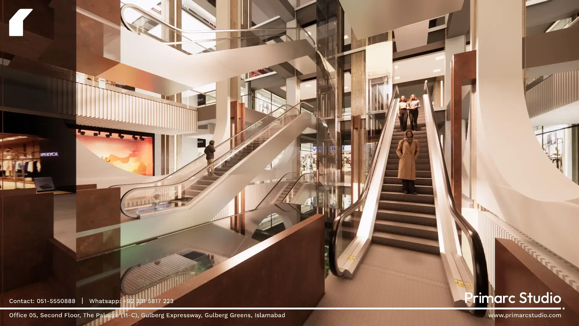 Escalator core of Mall of Khyber, designed as a transparent vertical link uniting multiple levels through light and movement.