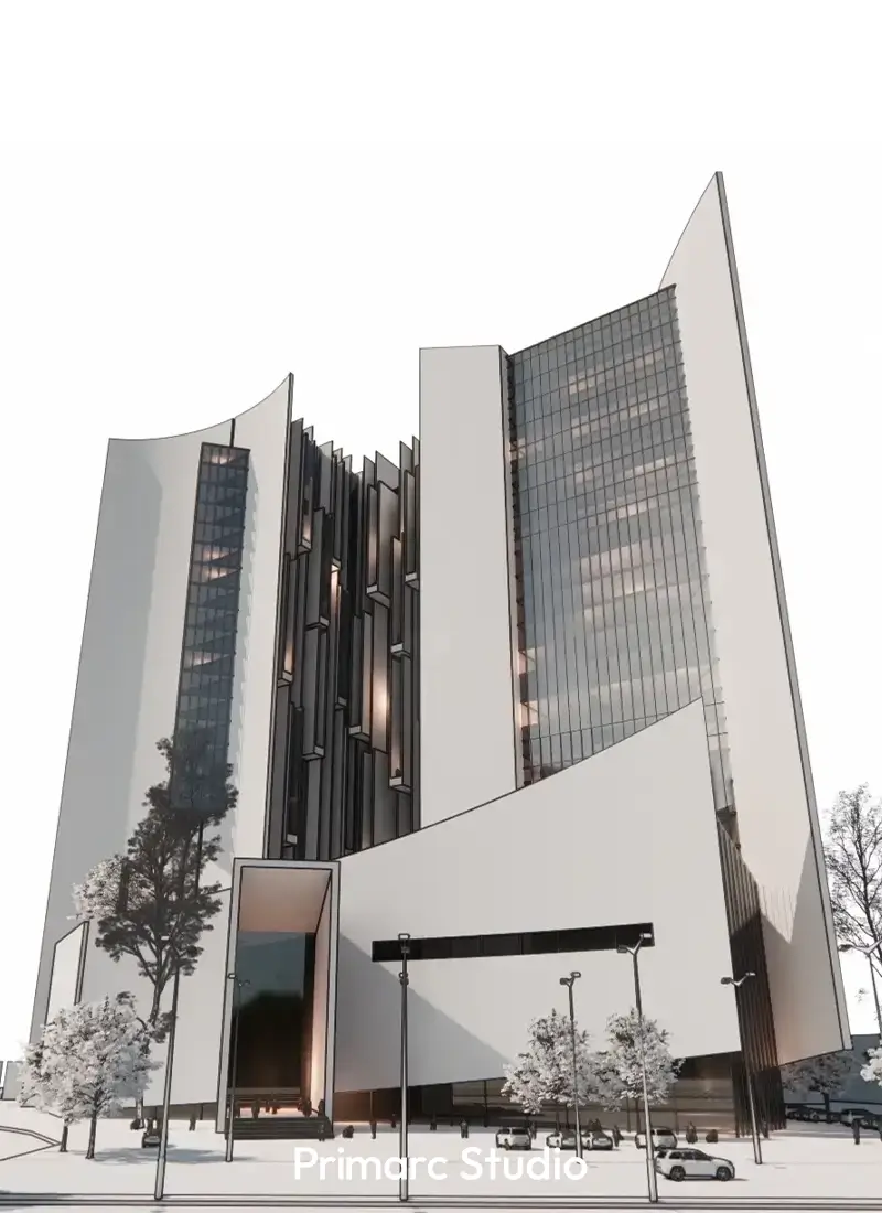 A defining view of Mall of Khyber, featuring its sculpted glass façade and vertical towers rising over a 35-kanal urban site in Peshawar.