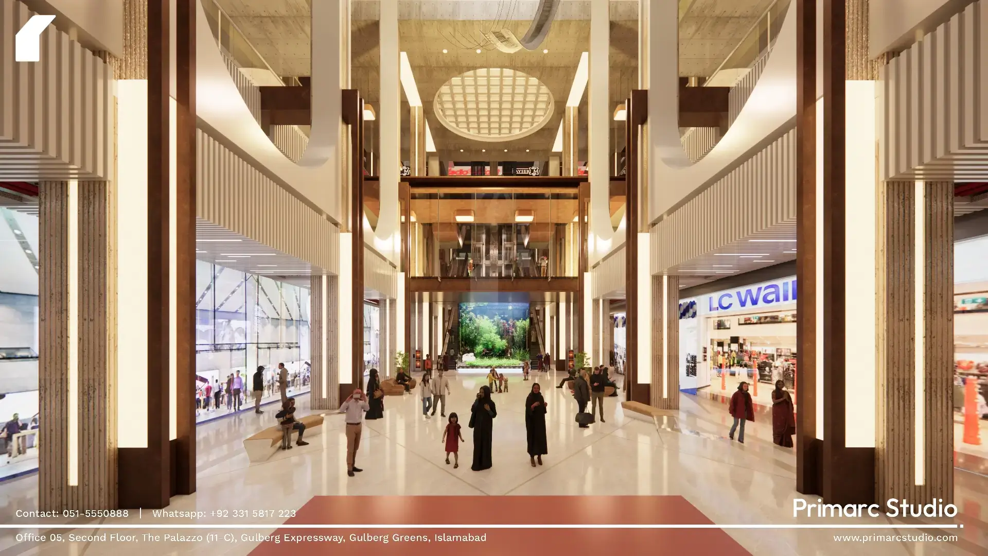 The main atrium of Mall of Khyber defines the heart of the complex — a grand spatial void framed by vertical volumes, natural light, and refined detailing.