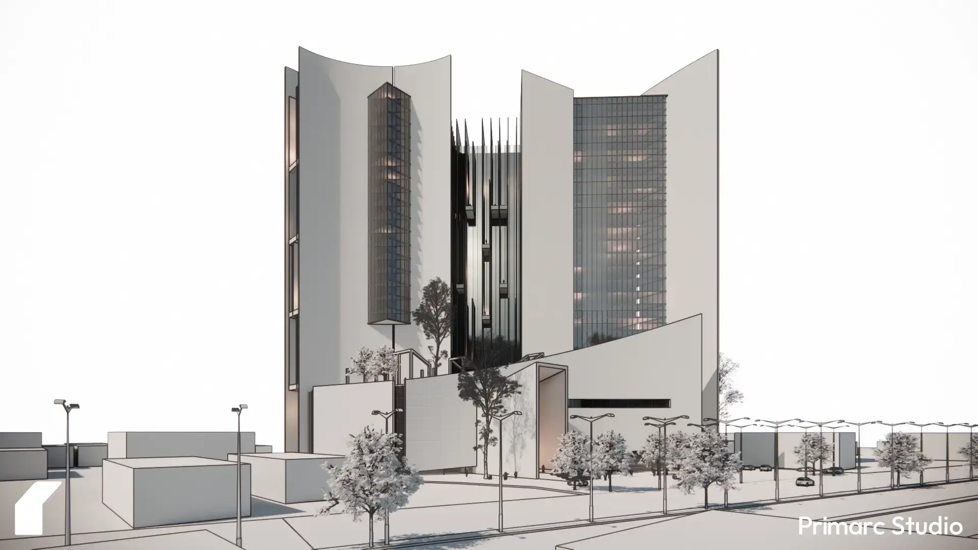 Aerial-angle view revealing the tower composition and recessed atrium spine that form the spatial core of the complex.