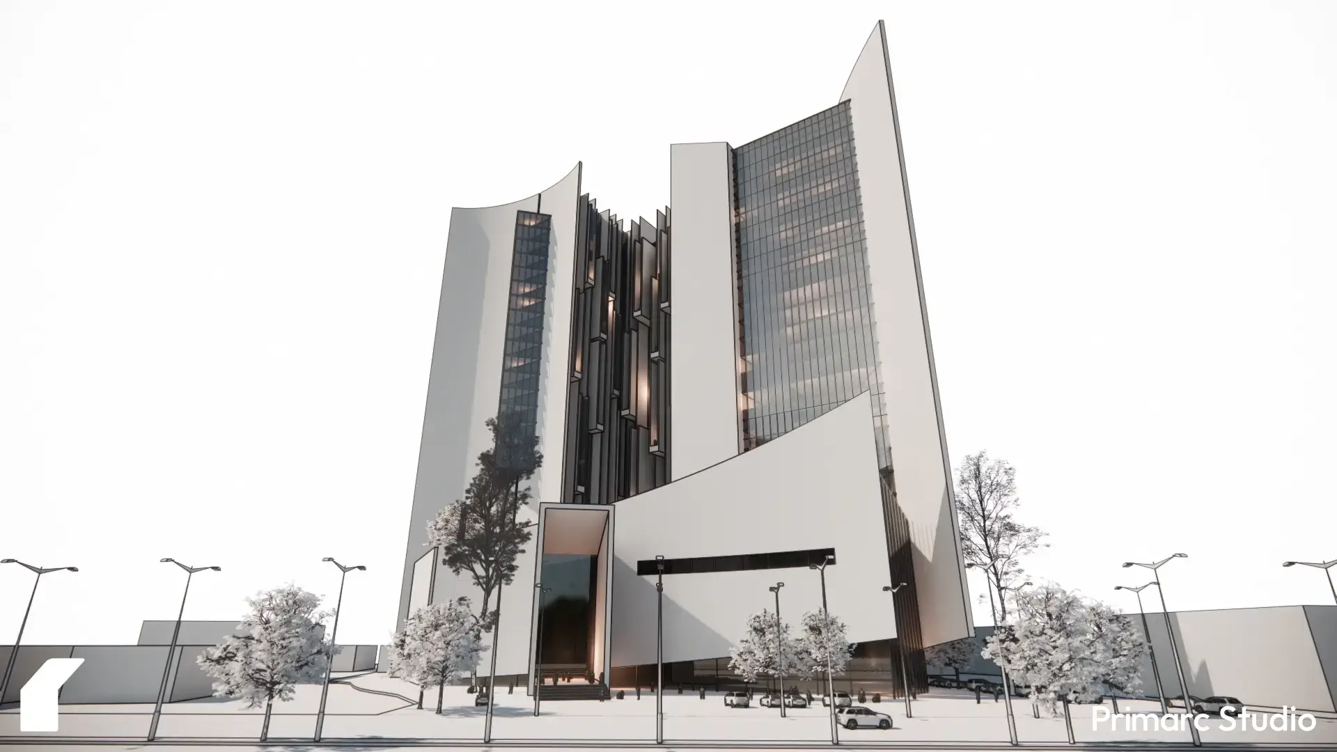 Front-angle perspective illustrating the dialogue between glass and concrete volumes that define Mall of Khyber’s identity.