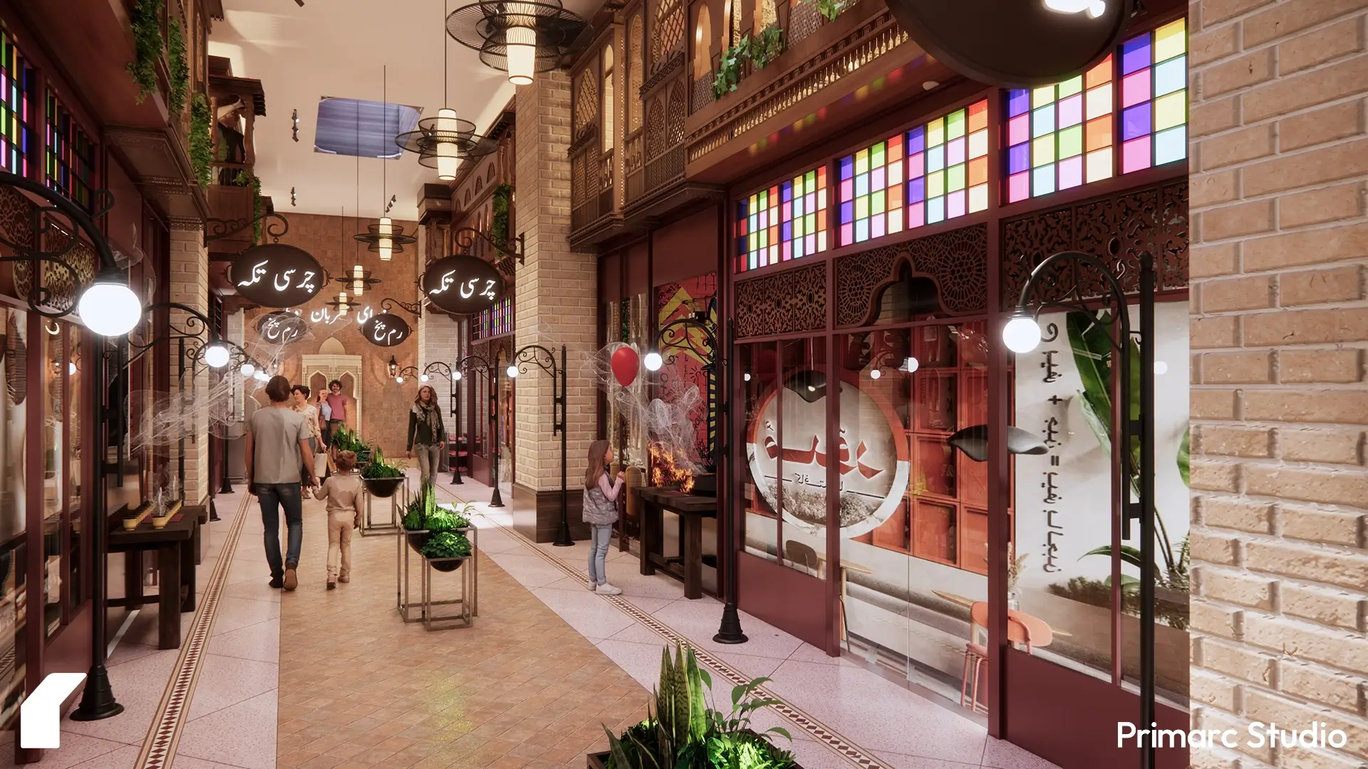 Detailed interior view highlighting crafted elements, colored glass panels, and brass signage inspired by heritage motifs.