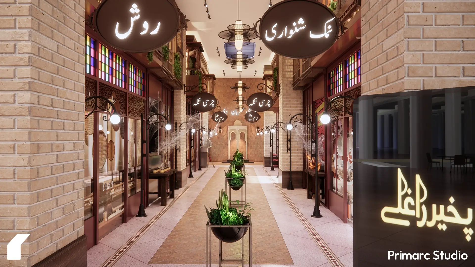 Central bazaar lane with vernacular textures, brick detailing, and signages recalling traditional shopfronts.
