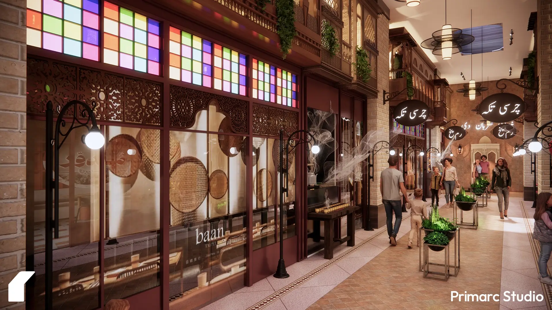 Street perspective showcasing the rhythm of signage, arches, and lighting that define the cultural market’s identity.