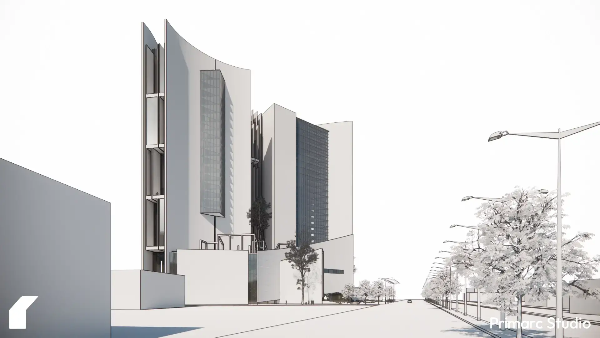 Street elevation capturing the rhythmic articulation of vertical planes and glazing along Peshawar’s growing commercial corridor.