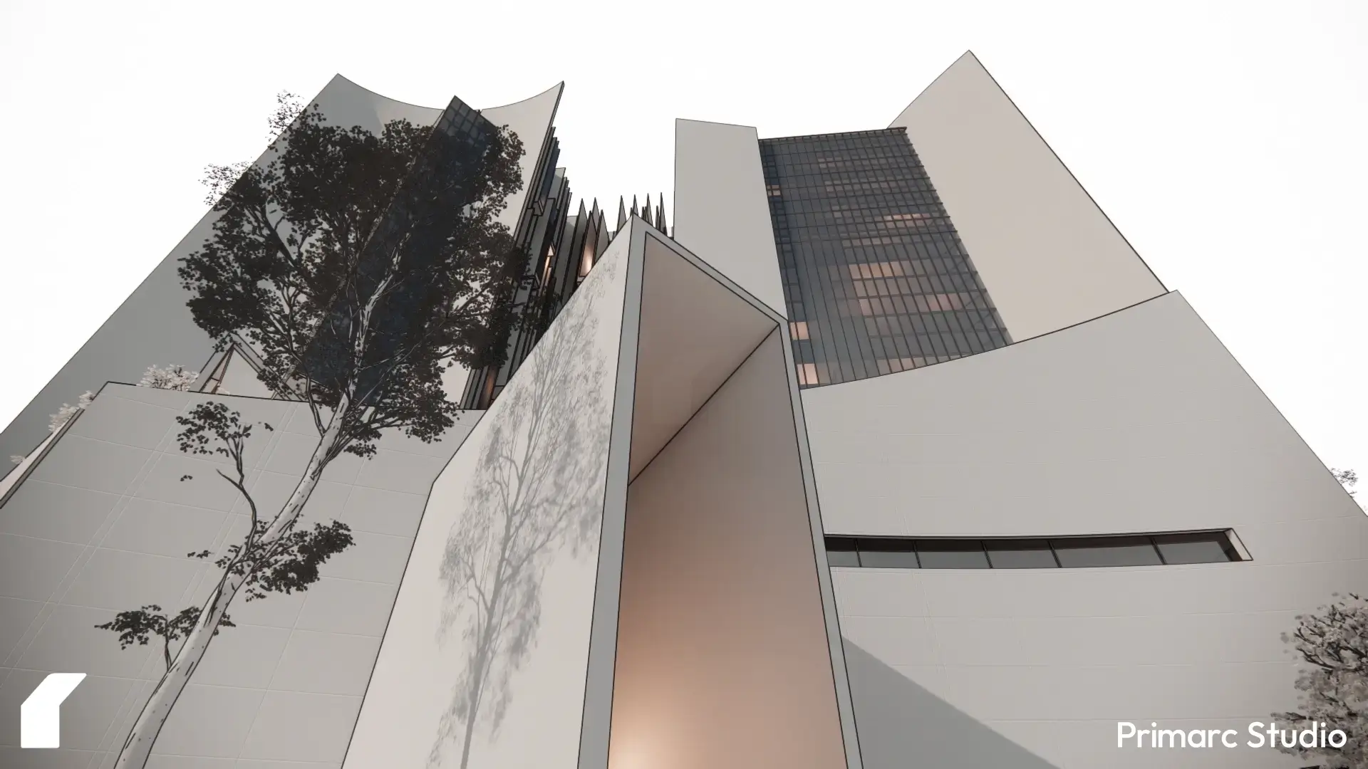 Upward perspective at the entrance, highlighting the interplay of light, reflection, and vertical fin detailing.