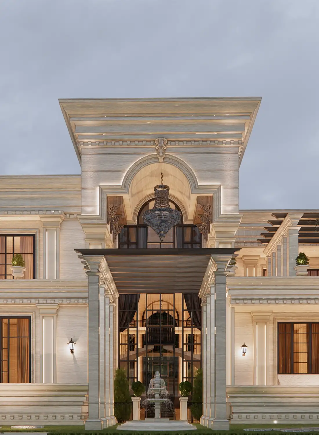 Close-up of a grand classical farmhouse entrance featuring a double-height arched portico, ornate crystal chandelier, and travertine stone cladding.