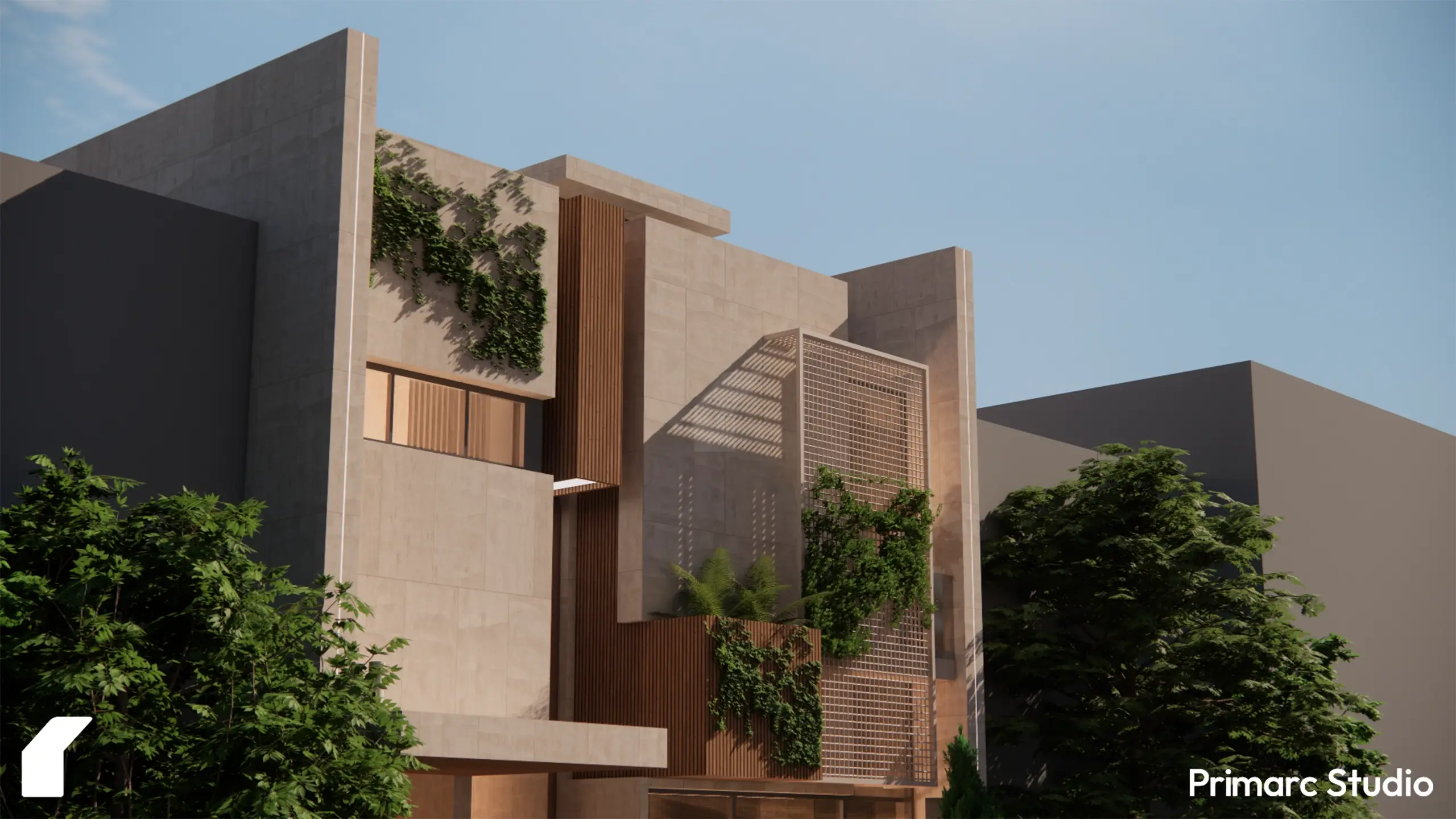 Close-up of the upper floor of a 7-marla house, showing how white perforated screens and wooden louvers provide privacy while allowing light into the residence.