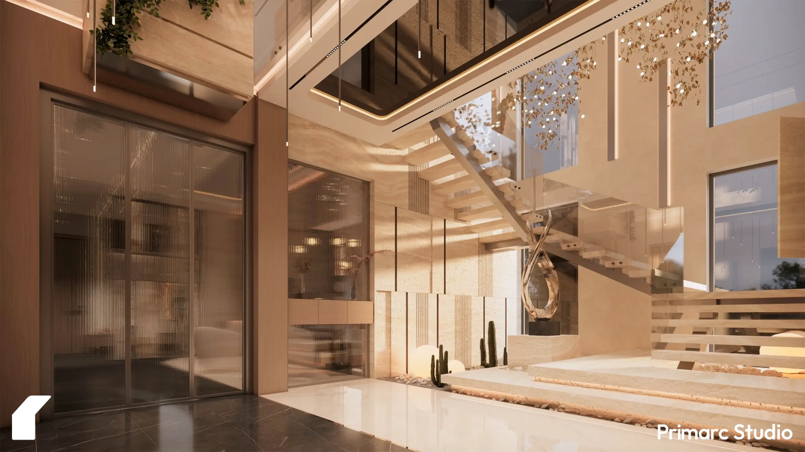 Architectural staircase design for a 1 Kanal house in DHA Phase 2, Islamabad, featuring floating stone steps, integrated lighting, and a grand double-height foyer.