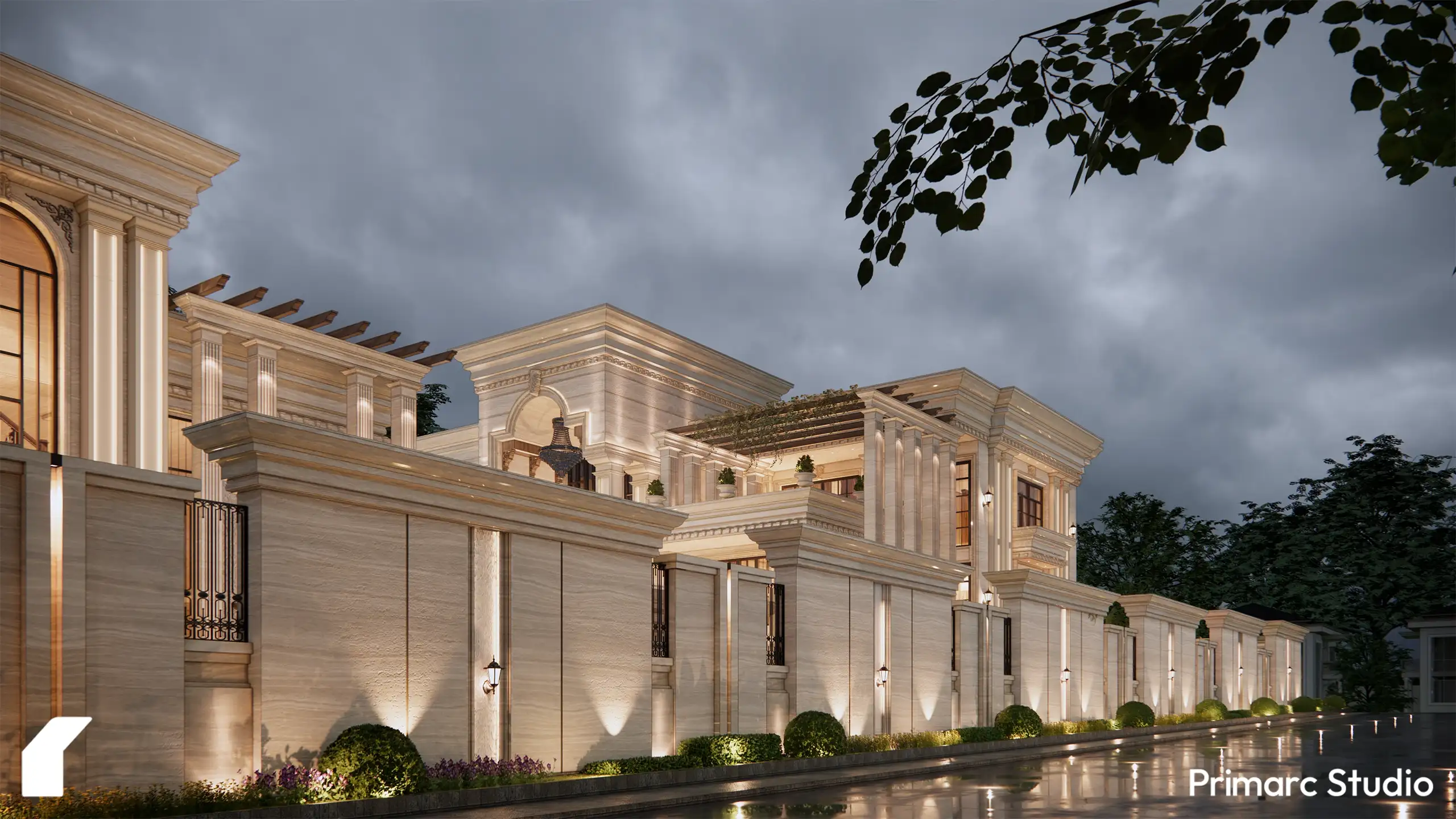 Perspective of a classical farmhouse estate showing a long, elegantly lit stone boundary wall and the layered architectural masses of the main residence.