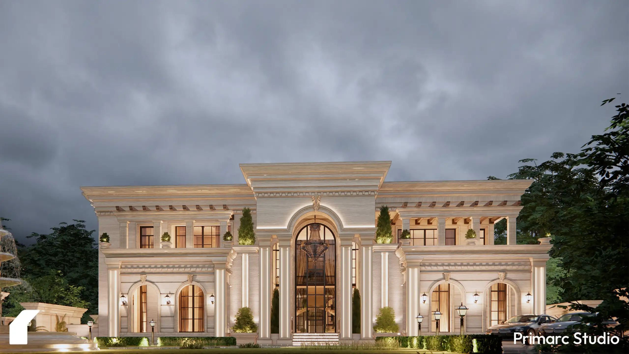 Wide-angle dusk view of a sprawling classical farmhouse exterior showcasing symmetrical architecture, warm LED accent lighting, and a gated driveway.