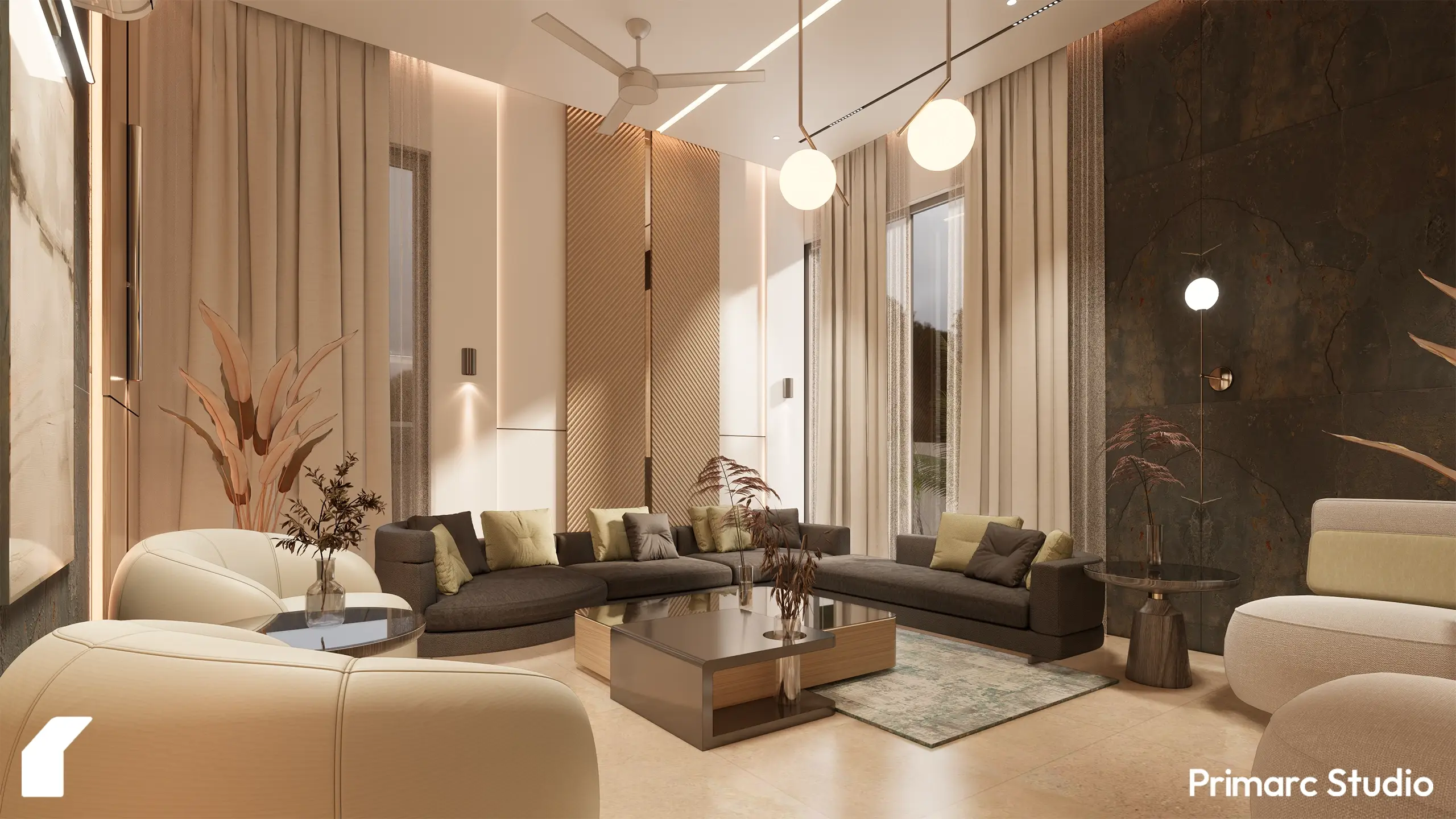 Contemporary double-height drawing room design for a 1 Kanal house in DHA Phase 2, Islamabad, featuring floor-to-ceiling drapes and a textured feature wall.