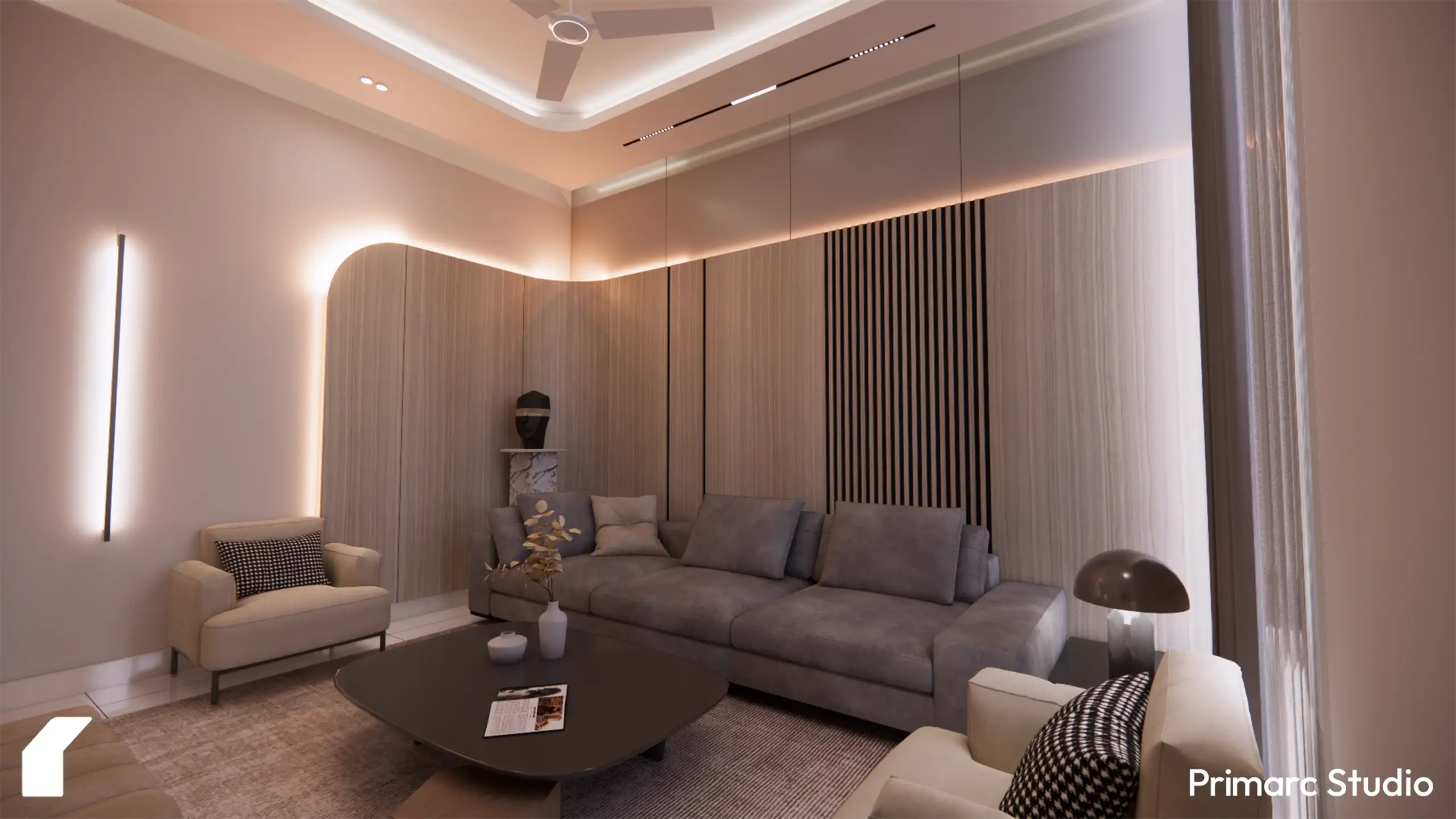 A focused view of the seating area, showcasing the vertical slats and the warm backlighting of the wall panels.