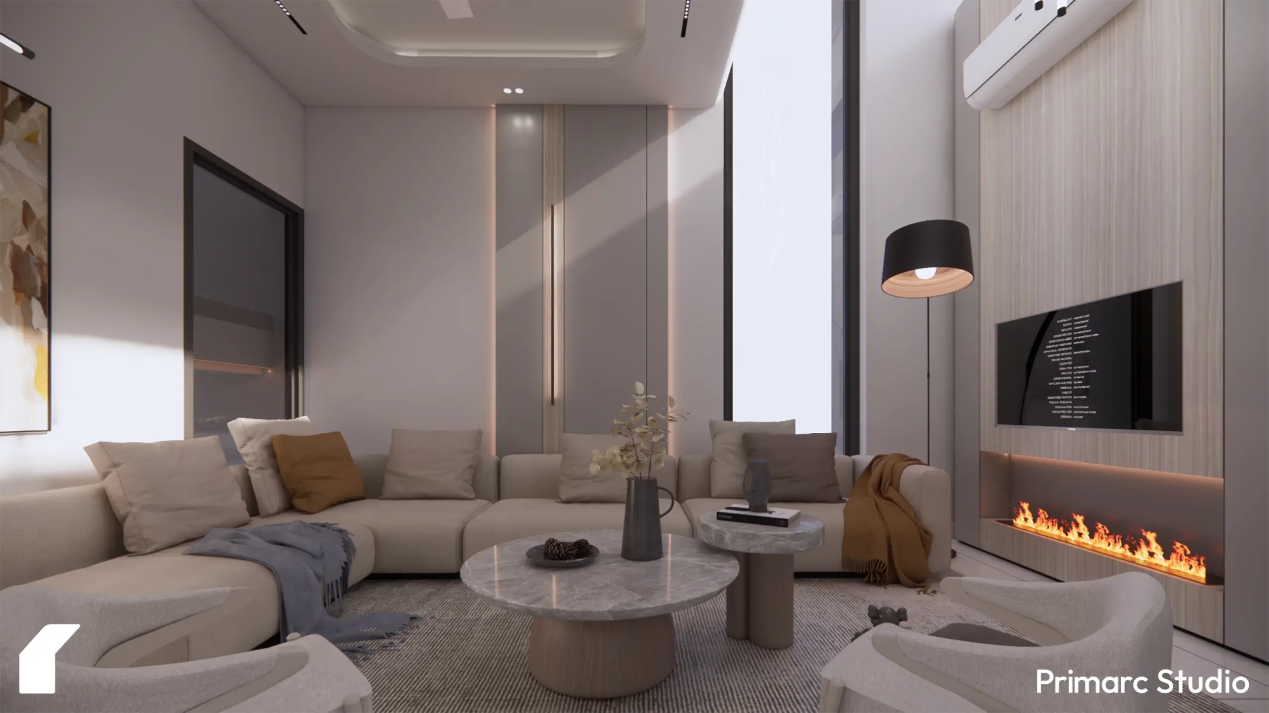 A close-up view of the living room seating, highlighting the luxury furniture and the integration of the fireplace.