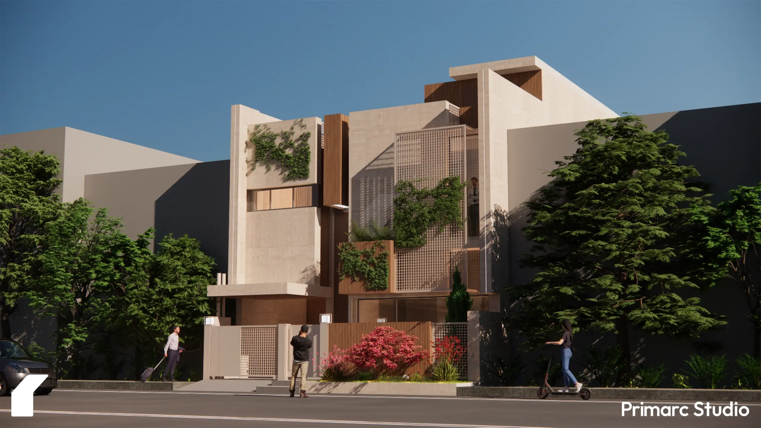 A wide-angle street view of biophilic facade, showcasing its geometric volumes, integrated street-side greenery, and sleek modern entrance gate.