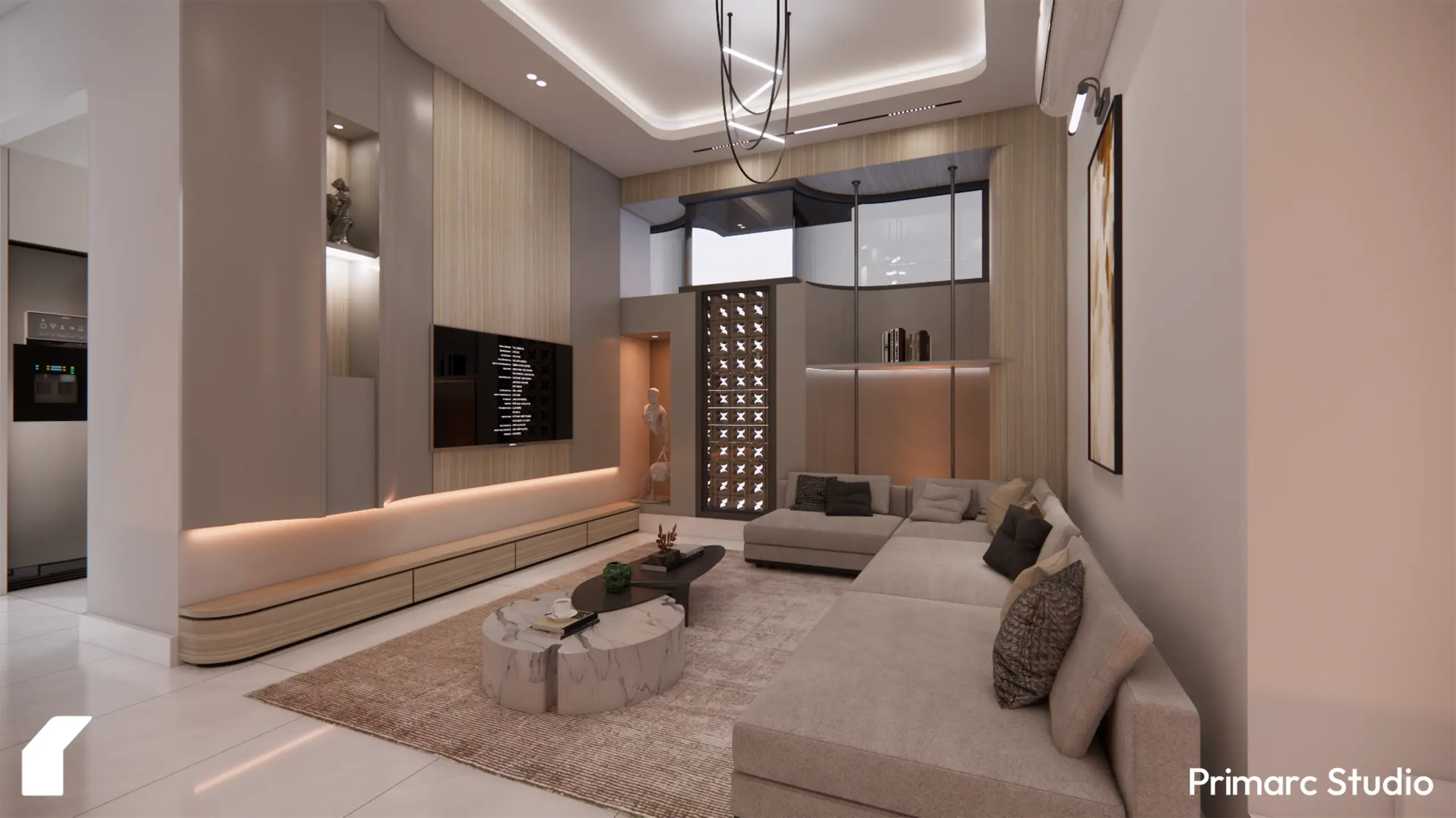 A view of the media lounge featuring a sleek wall-mounted TV, wood-textured cabinetry, and a modern breeze block partition that casts geometric shadows.