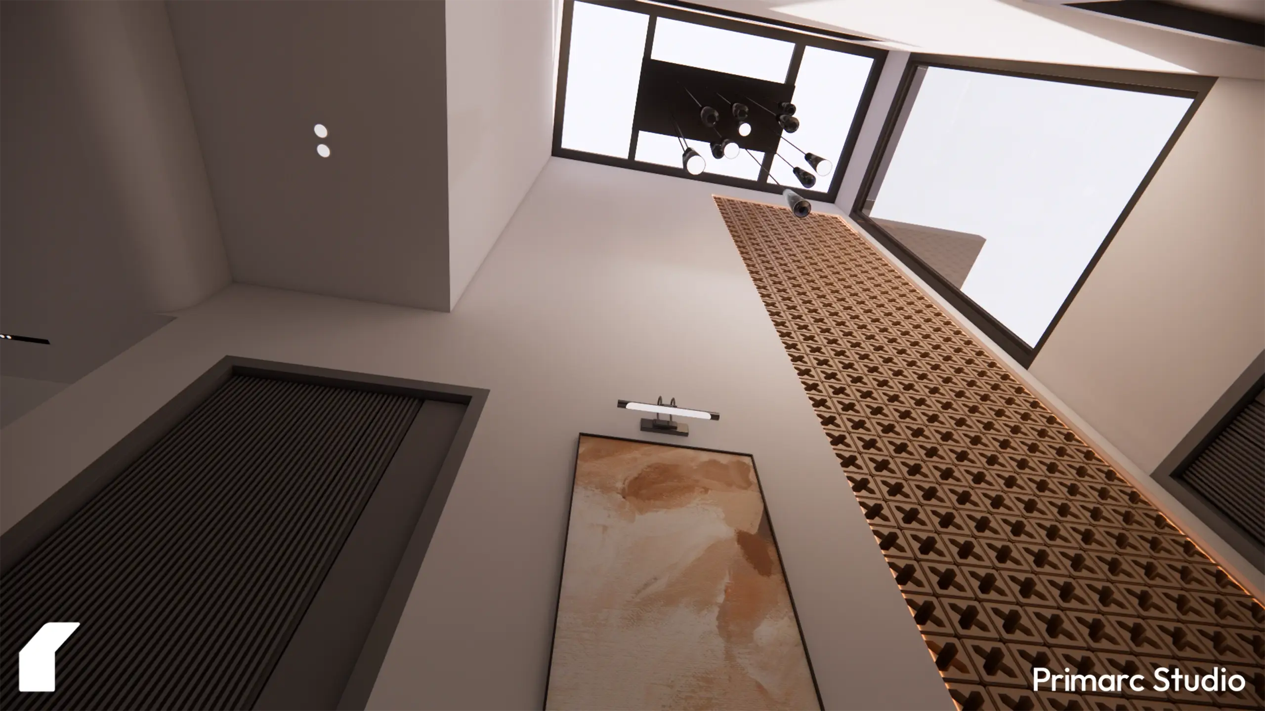 Looking up into a double-height light well at A&F House, featuring a tall patterned concrete breeze block screen and minimalist hanging lights.