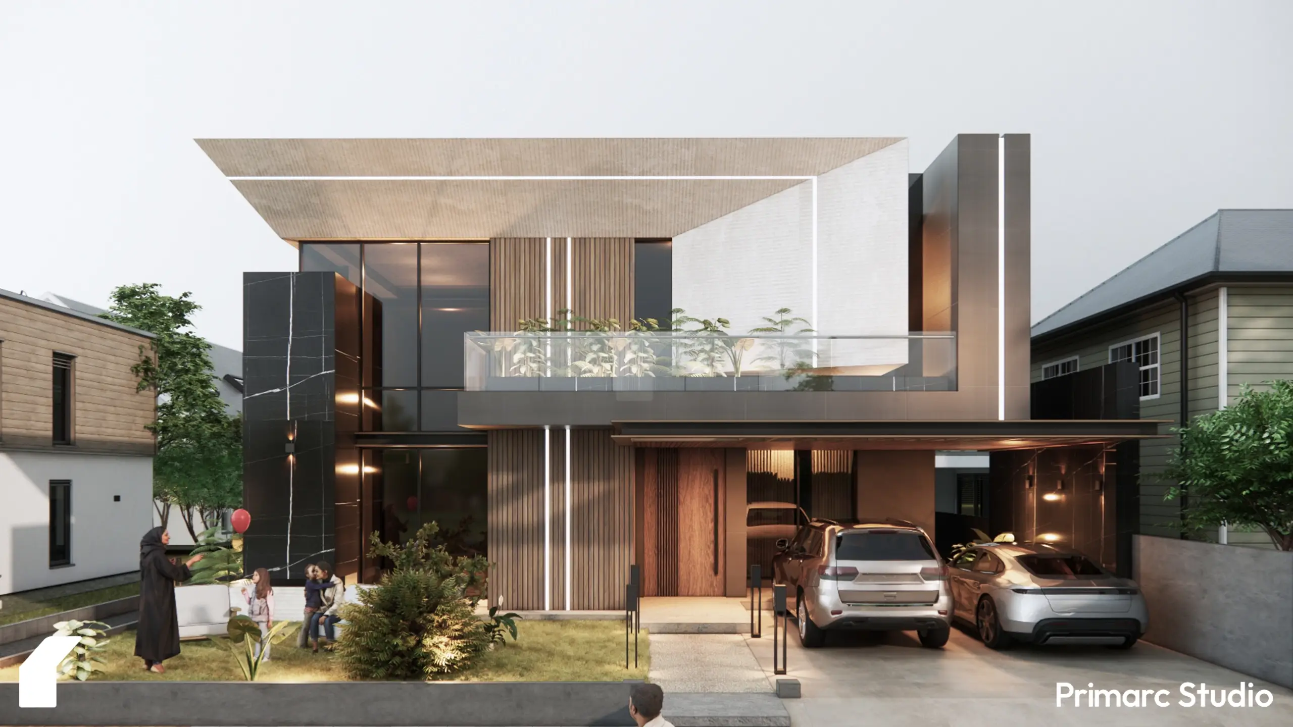 Front elevation of a 1 Kanal modern luxury house design in DHA Phase 5 Islamabad featuring black marble and wood louvers.