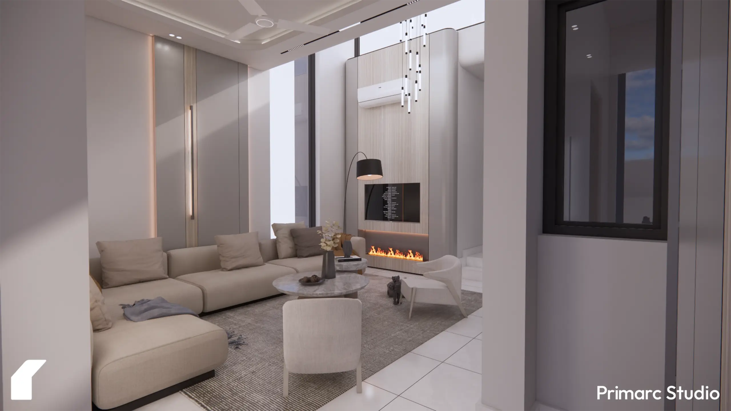 A view of the seating area featuring a contemporary linear fireplace, modular sofa, and designer armchairs.