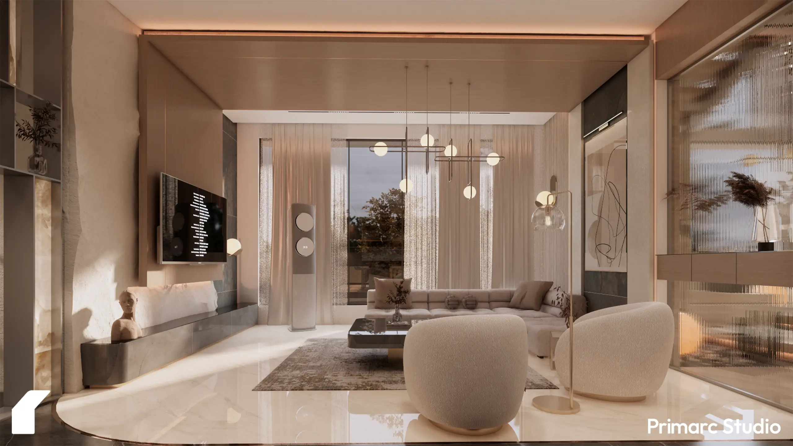 Frontal view of a contemporary TV lounge in a 1 Kanal house in DHA Phase 2, Islamabad, featuring custom wood ceiling panels and a minimalist media wall.