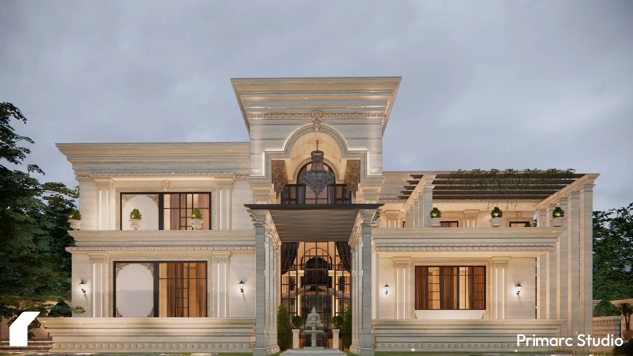 Full symmetrical facade of a premium classical farmhouse design with a central fountain, arched entryway, and limestone finish.