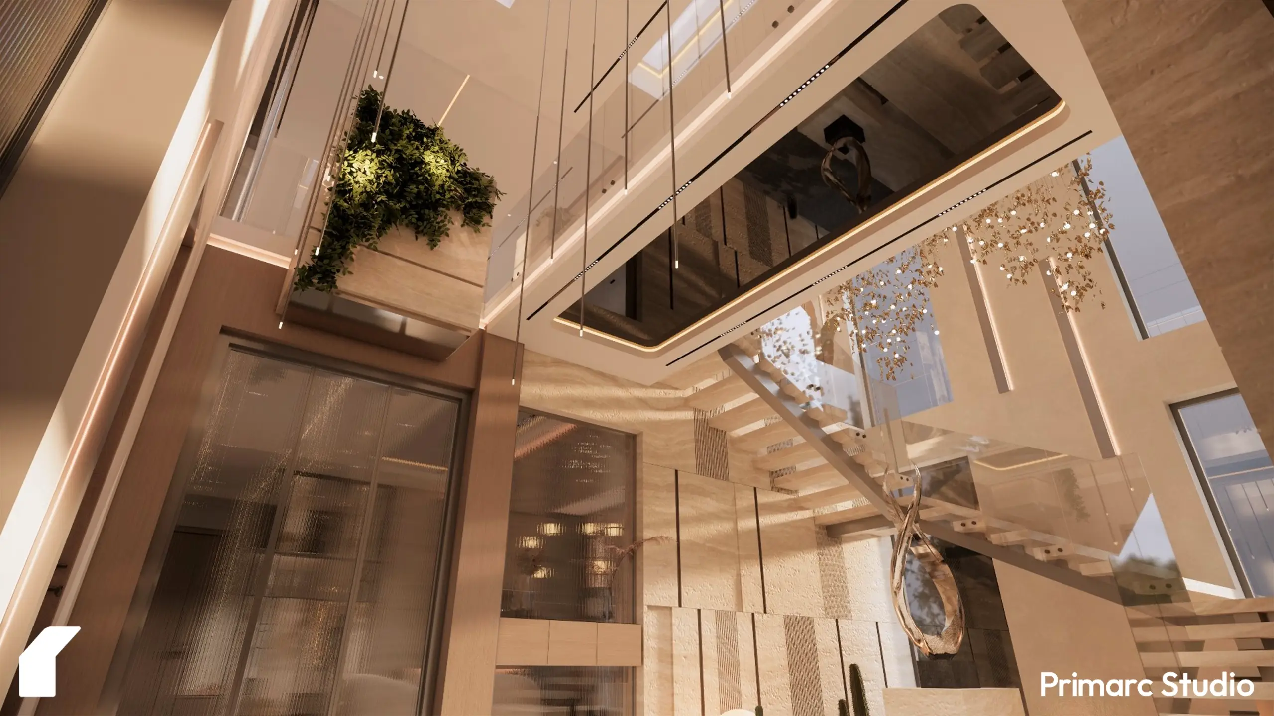 Grand staircase void and modern skylight design in a 1 Kanal house in DHA Phase 2, Islamabad, featuring biophilic indoor plants and sculptural lighting.