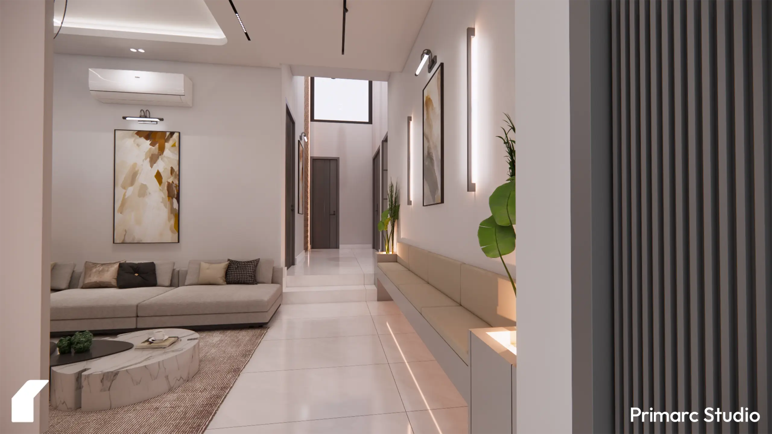 A perspective shot from the lobby toward the living area, highlighting the seamless floor transitions and linear architectural lighting.