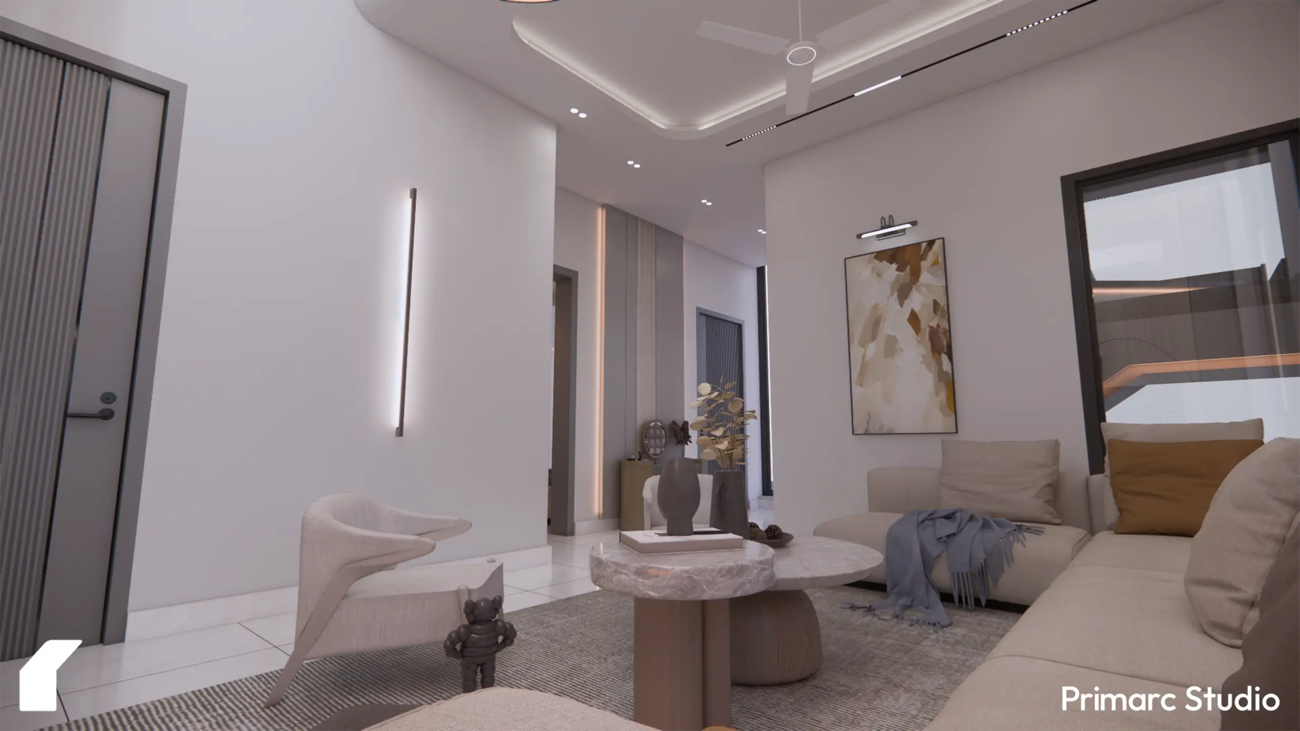 Perspective shot from the living room, showing the sculptural focal points and the use of natural light.