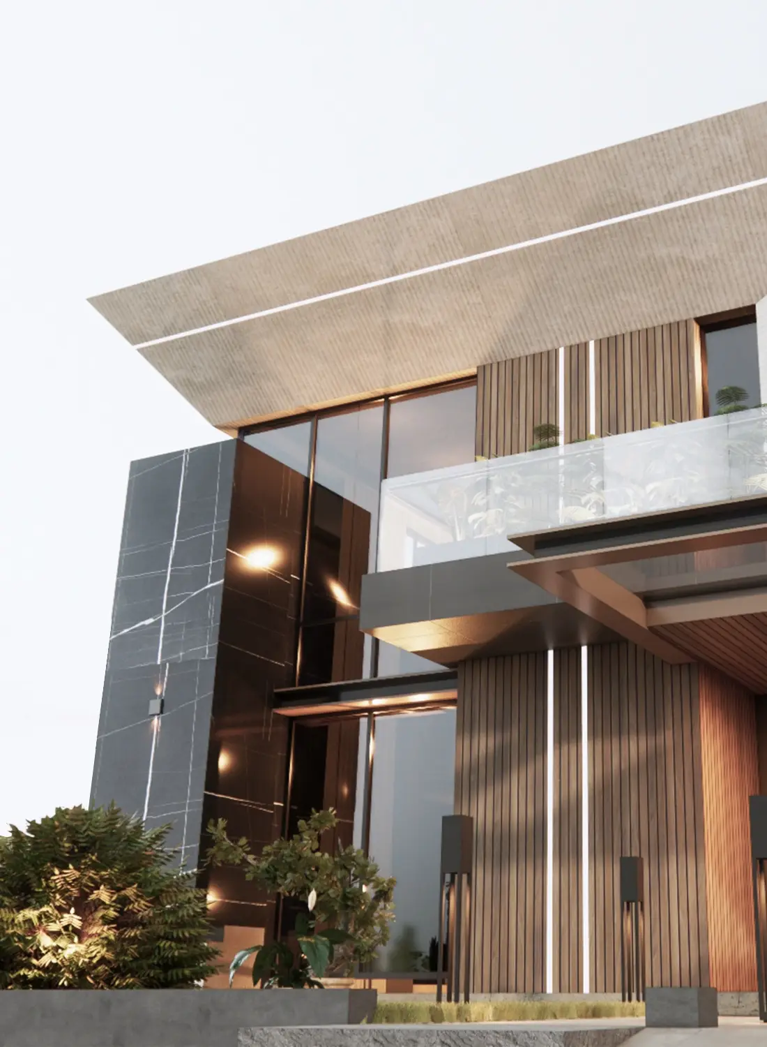 Close-up of high-end facade materials including wood-look louvers and vertical LED accents on a modern villa in DHA Phase 5, Islamabad.